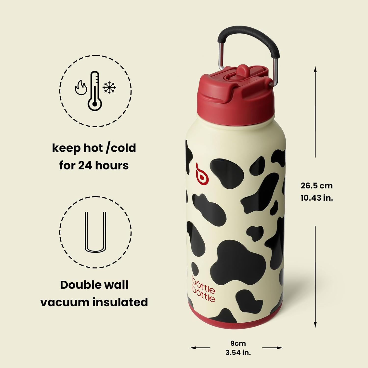 BOTTLE BOTTLE 32 Oz Insulated Water Bottle Stainless Steel Sport Water Bottle with Straw Dual-Use Lid Design for Gym with Pill Box (Cow) image number 4