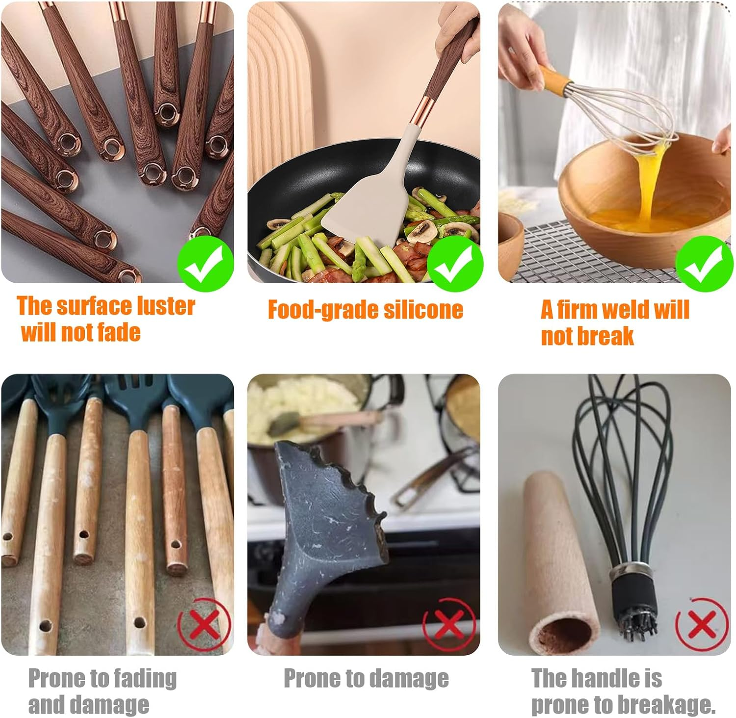 Kitchen Utensil Set, 12 Pack Cooking Utensils Set with Wooden Handles and Wood Grain Storage Bucket, Heat Resistant Multi Functional Silicone Spatula for Non Stick Frying Pans and Pots (Brown) image number 1