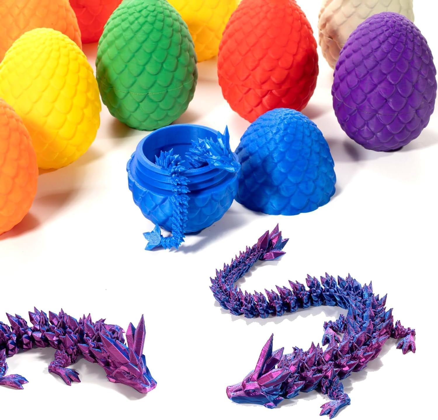 3D Printed Dragon in Egg, Full Articulated Crystal with Dragon Egg, Home Office Decor Executive Desk Toys, Adults Fidget Toys for Autism/Adhd (Laser Purple, 12") (Blue)