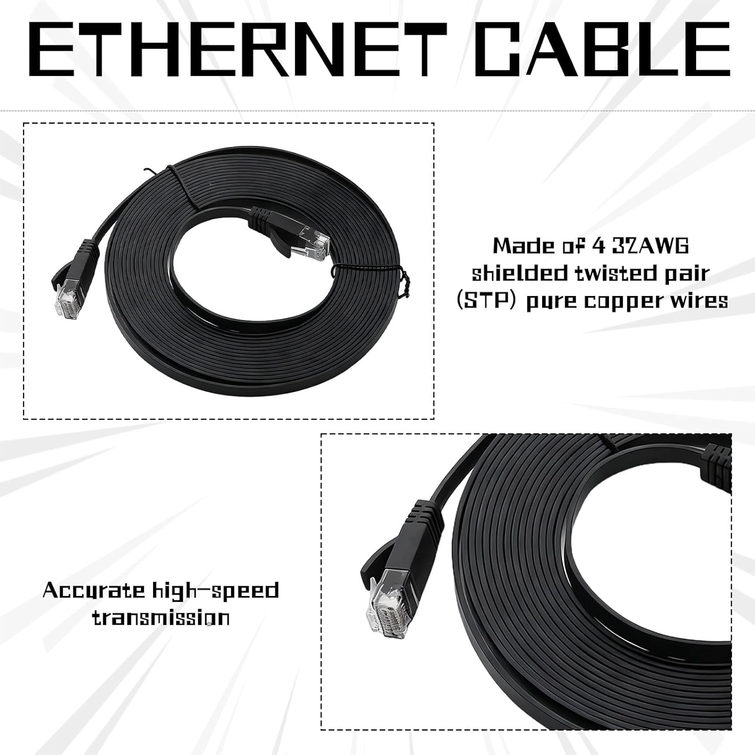 Cat6 Cable, 6 Pcs Cat 6 Ethernet Cable, Ethernet Cable 2M, High Speed Solid Flat Patch Cable with RJ45 Connector, Network LAN Cable for Modem, Router, Computer, 8-Core Twisted Pair Cable image number 5