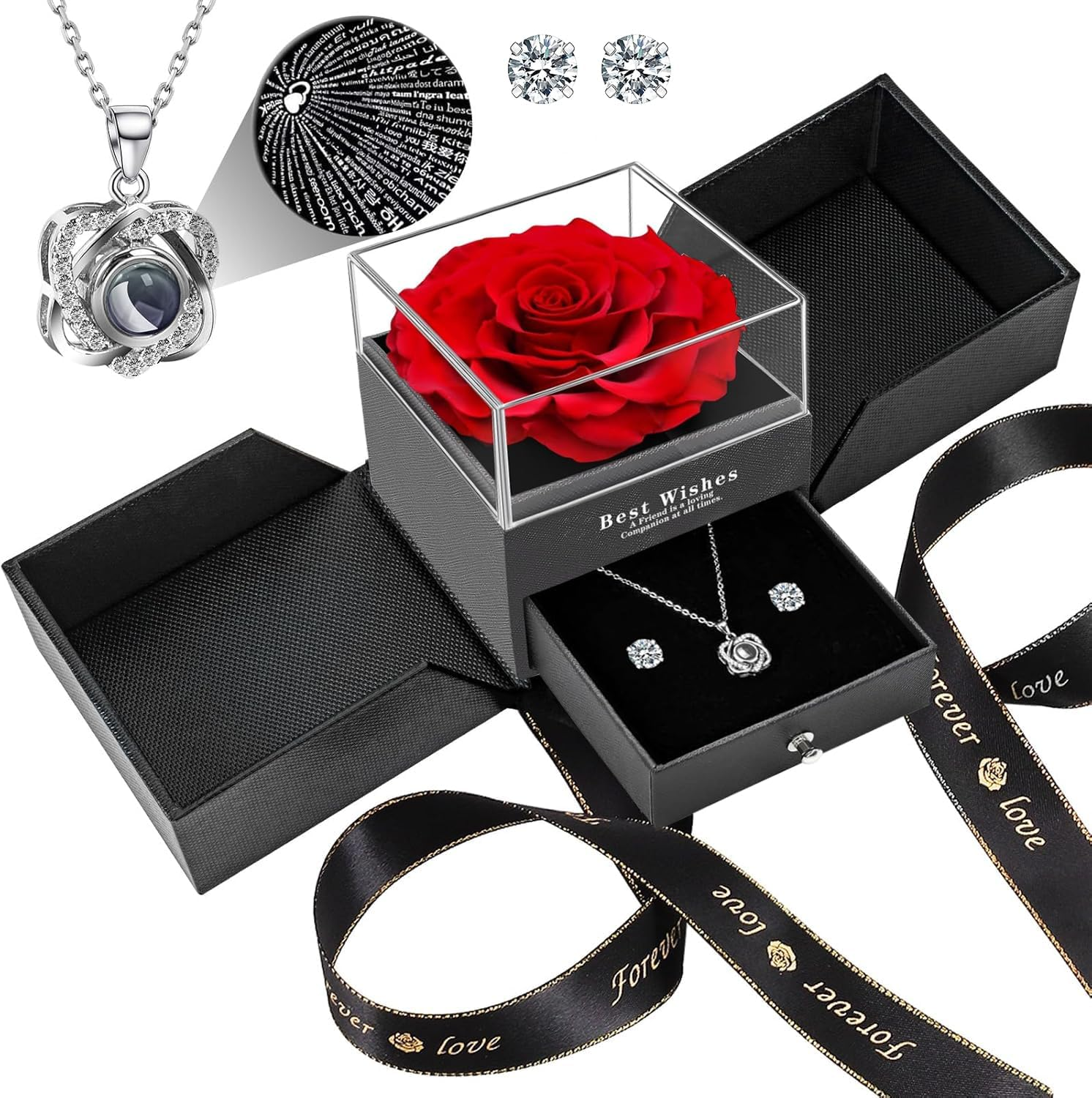 Preserved Red Real Rose with Heart I Love You Necklace & Earrings, Eternal Flower Rose Birthday Gifts for Women Her Mom Wife Girlfriend Grandma on Valentines Mothers Day Christmas Anniversary Romantic