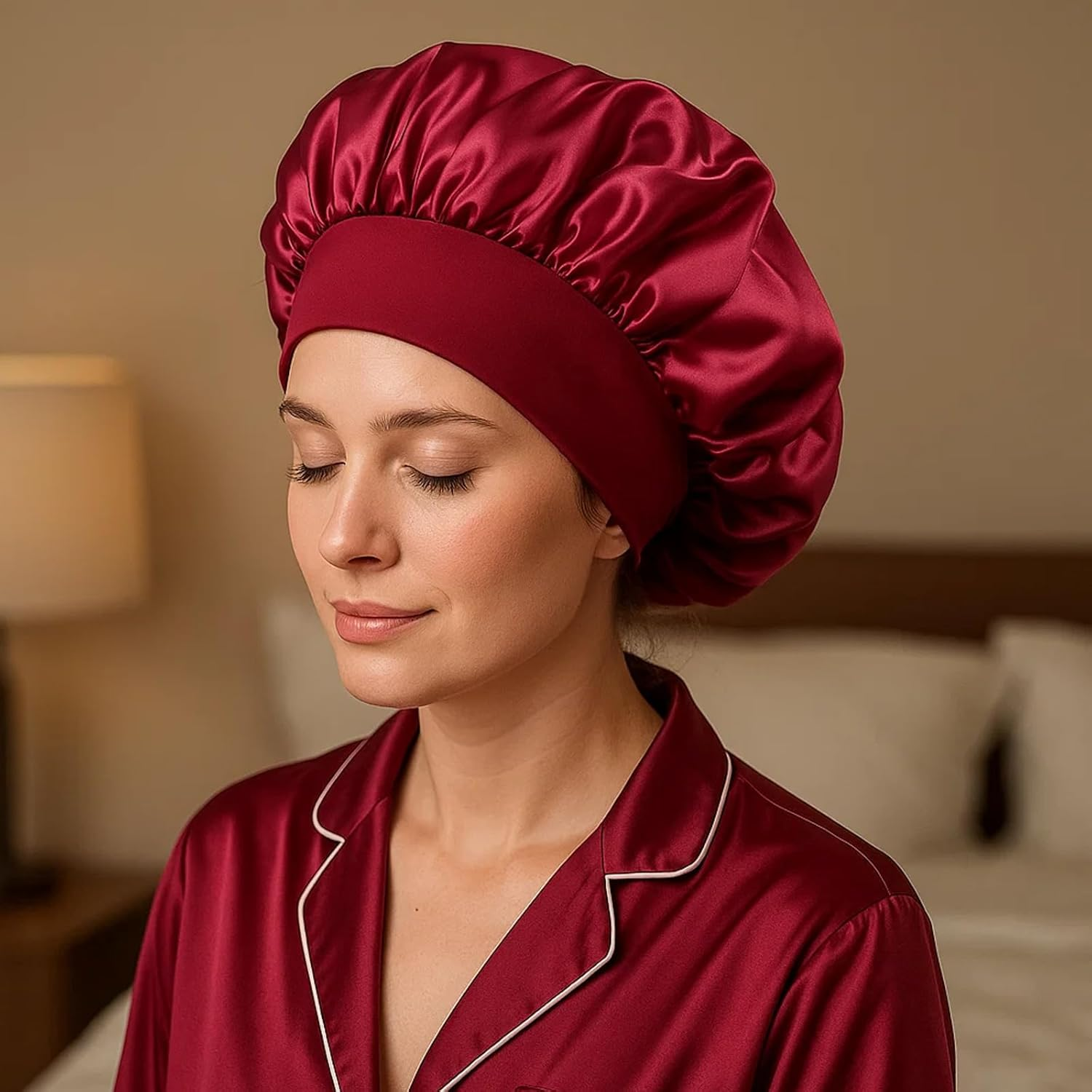 Bonnet Silk Sleep Cap, Set of 6 Hair Caps for the Night, Soft Satin Hood for Sleeping, Black, Wine Red, Blue, Dark Brown, Pink, Beige