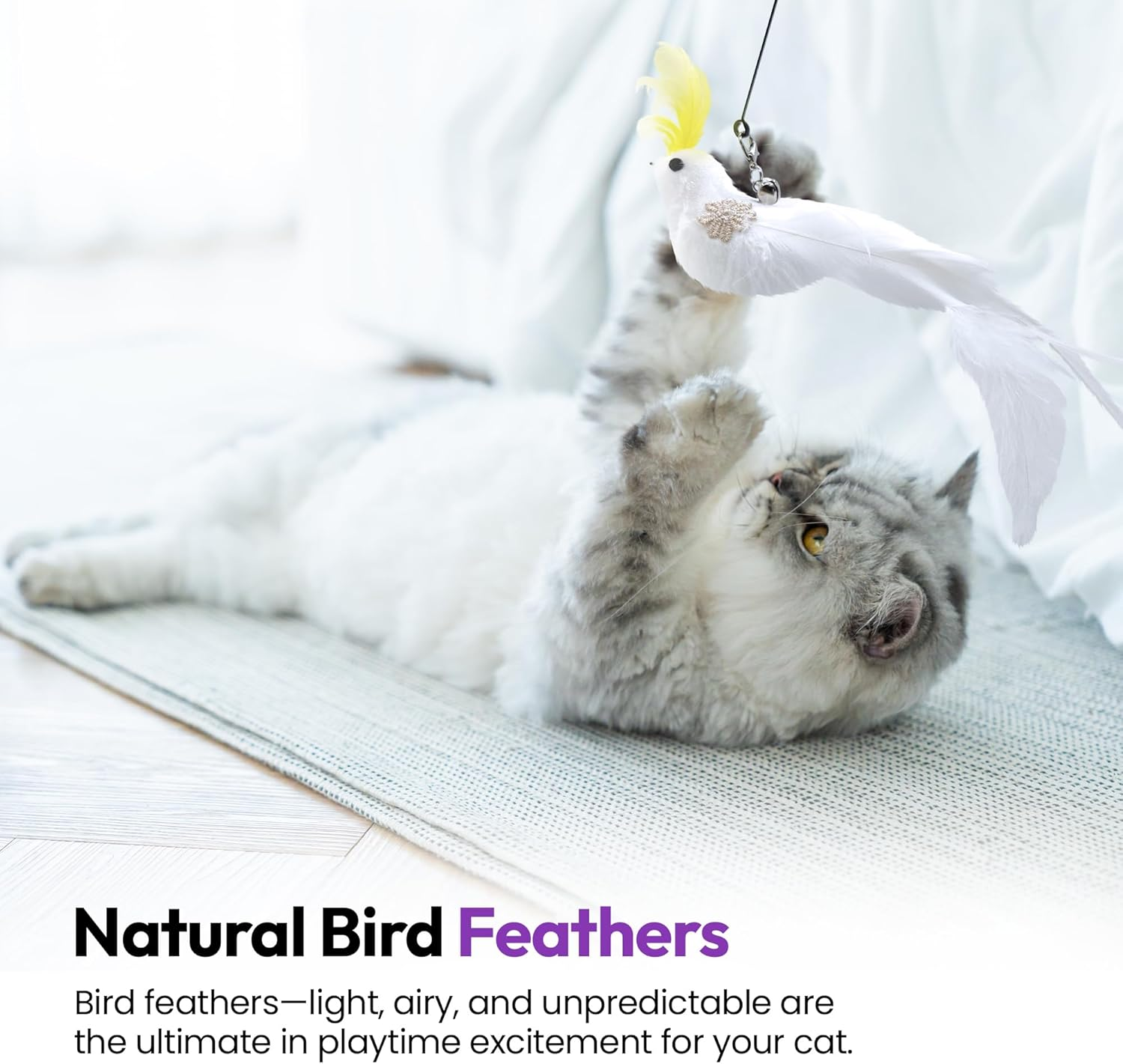 PURRZ Feather Toy Attachments for Cats, 5-Pack &ndash; Natural Cockatoo-Like Bird Feather Refills for Interactive Cat Play &ndash; Safe and Durable Indoor Cat Toys image number 6