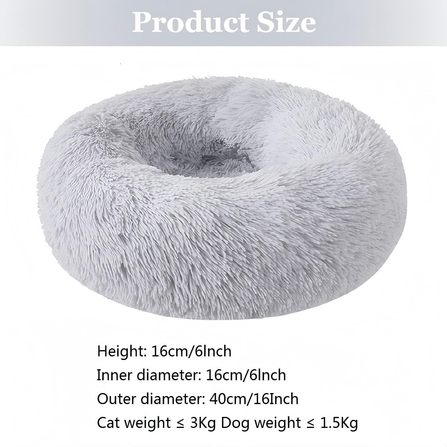 Kiuiom Doughnut Pet Bed, Plush Pet Bed, Fluffy Cat Bed, round Dog Cushion, Cat Basket, Sleeping Cat Bed, Plush Cat Cushion, Dog Cushion, Washable Puppy Bed (Grey, 40 Cm) image number 2