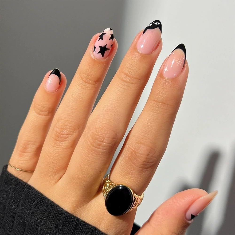 24 Pieces French Press on Nails Short Almond Artificial Nails Black Edge Pink Fingernails for Sticking Black White Star Glue Nails Set Acrylic Nail Tips Women Spring Summer Nail Accessories