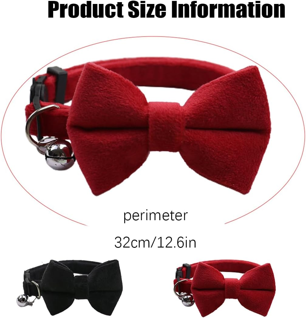LEEQ Velvet Cat Collar with Bell and Bow Tie, with Safety Clasp, Adjustable, for Small Puppies, Safety Bow Tie, Plain for Weddings, Basic Colour, Cat Bow Tie image number 3