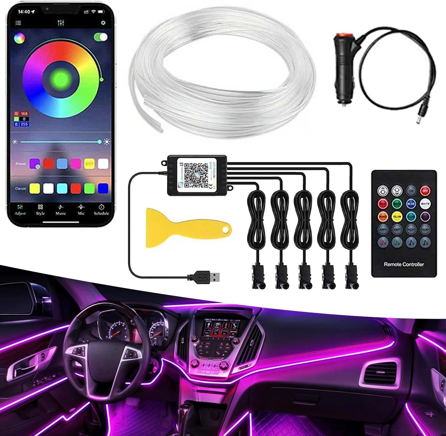 RGB LED Interior Lights,Interior Car LED Strip Lights5 in 1 RGB 16 Million Colorswith 236 Inches with App/Remote Control, Color Changing Ambient Lighting Kit, Sync to Music Car Lighting Accessories