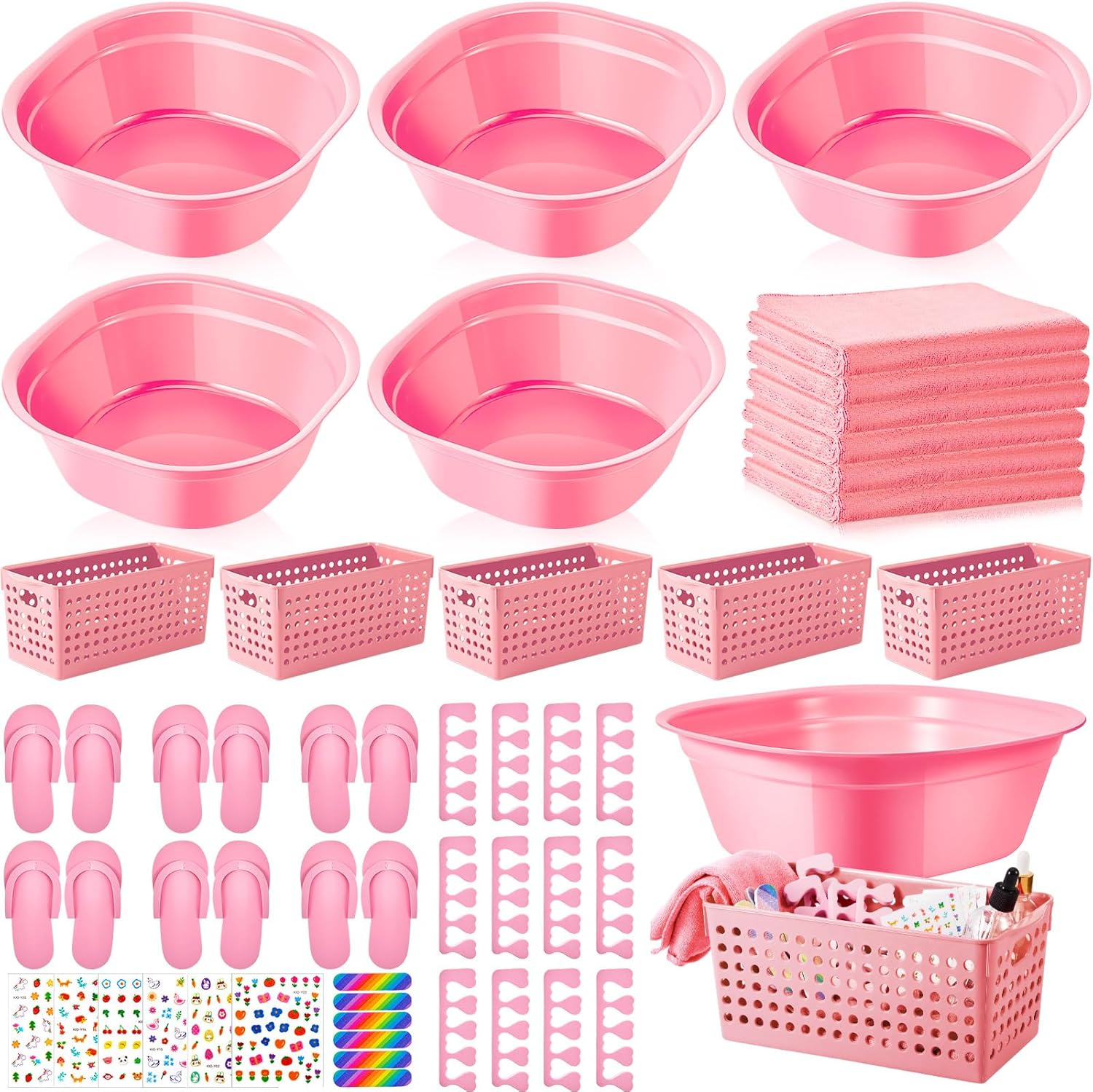 Mumufy 6 Sets Kids Foot Spa Kit for Girl Spa Party with Pink Washbasin Salon Towels Nail Kit for DIY Manicure and Pedicure Set with Foot Care for Sleepovers Slumber Party(Light Pink)
