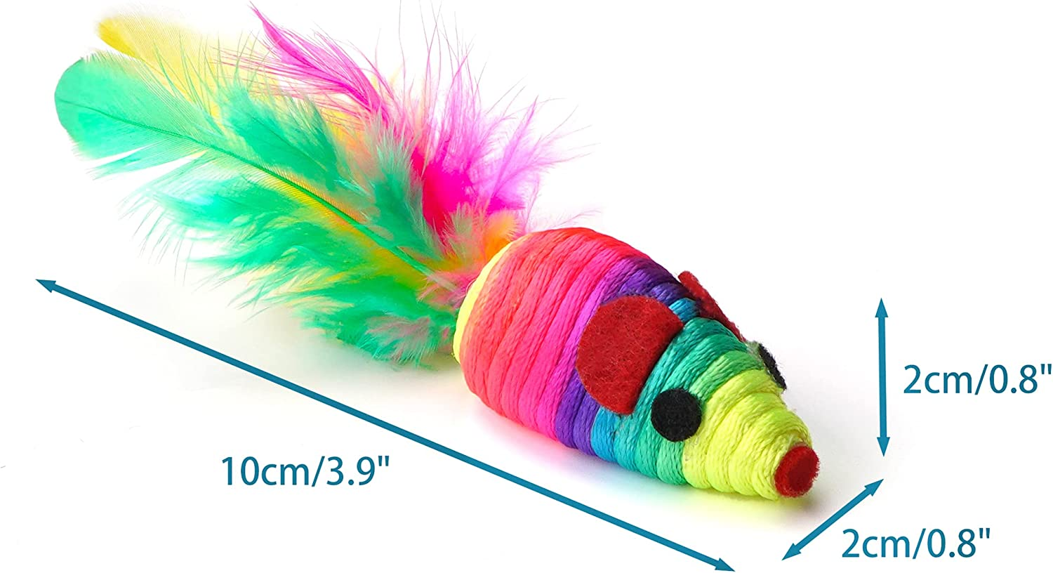 Chiwava 24PCS 5" Rattle Cat Toys Mice with Feather Rainbow Rope Mouse Kitten Interactive Toy Assorted Color image number 5