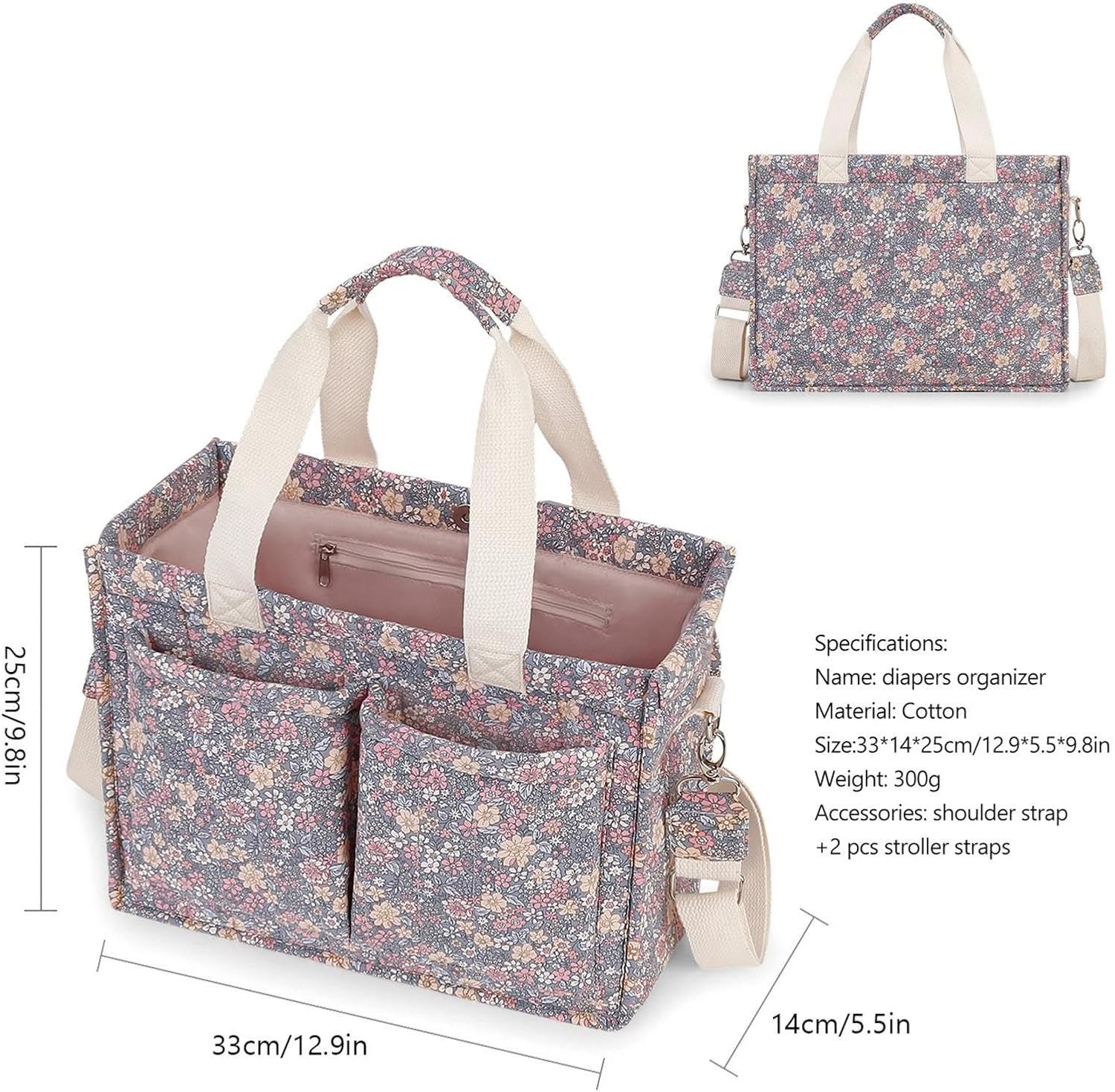 Lightweight Stroller Tote Diaper Bag - Small Diaper Organizer | Portable Baby Caddy with Classic Floral Pattern, Travel Diapers Bag for Moms with Space for Diapers Wipes Toys Bottles Outdoor Trips image number 3