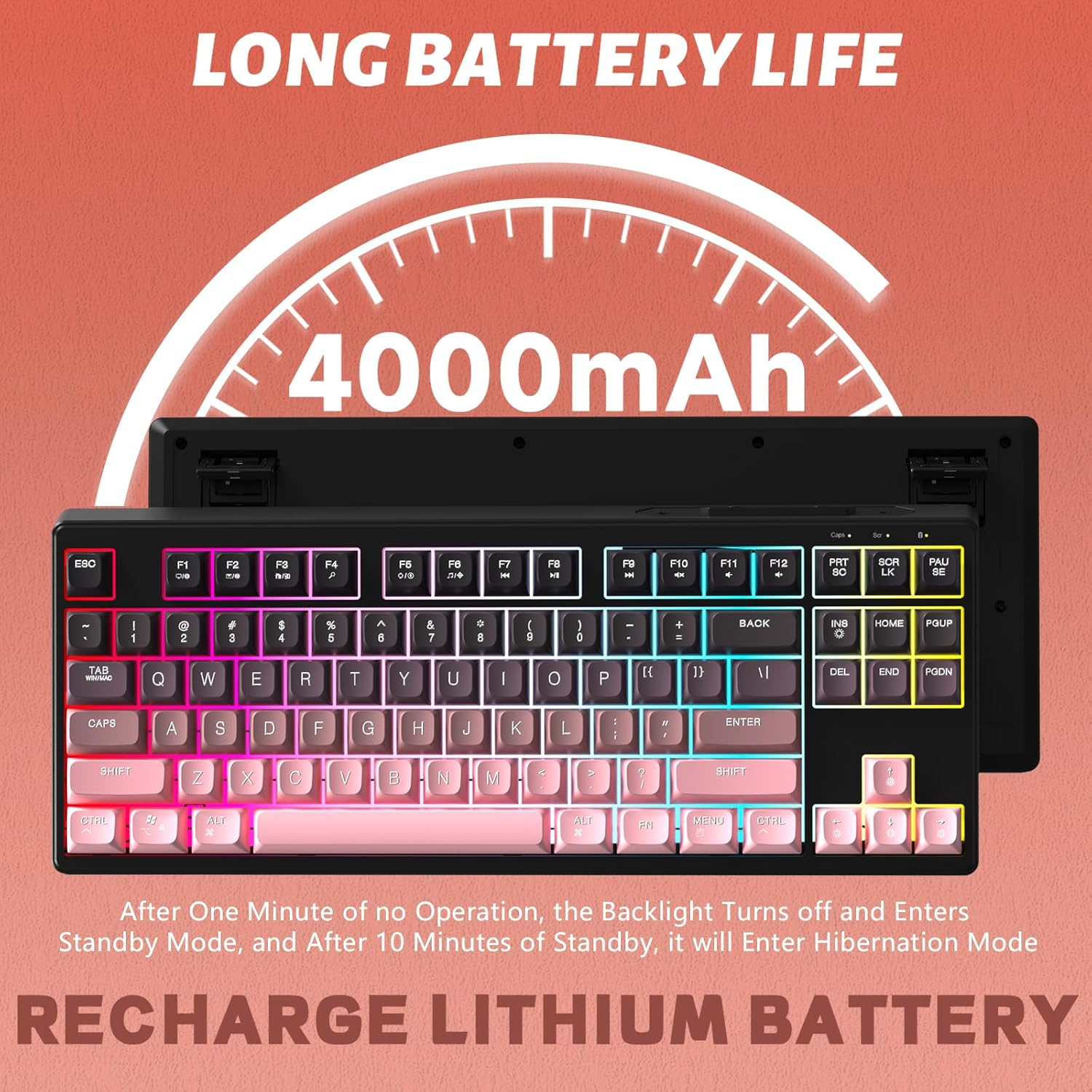 ZIYOU LANG X Attack Shark M87 75% Wireless Gaming Keyboard Mechanical Feel Silent Rainbow Backlit Bluetooth/2.4Ghz PBT Gradient Keycaps Rechargeable 4000Mah Battery Ergonomic for Mac/Win/Pc-Pink - Purple image number 5