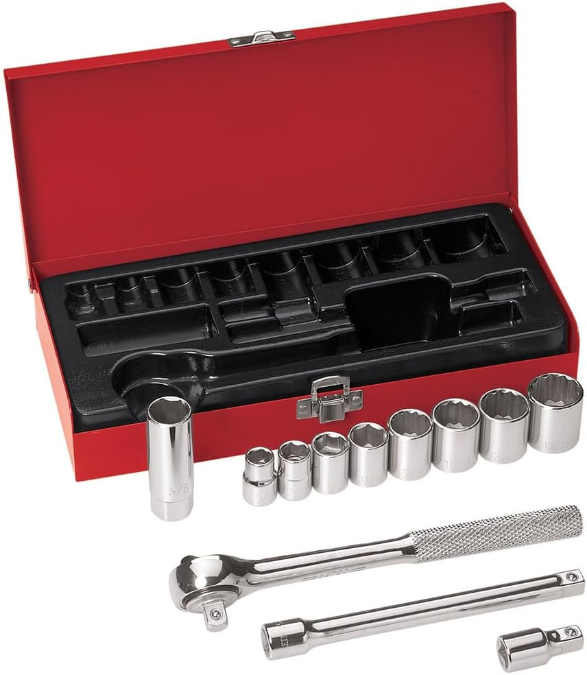 Klein Tools 65504 3/8-Inch Drive Socket Wrench Set, with 12-Point and 6-Point, and Spark Plug Sockets, 2 Extensions, Ratchet, Case, 12-Piece image number 4