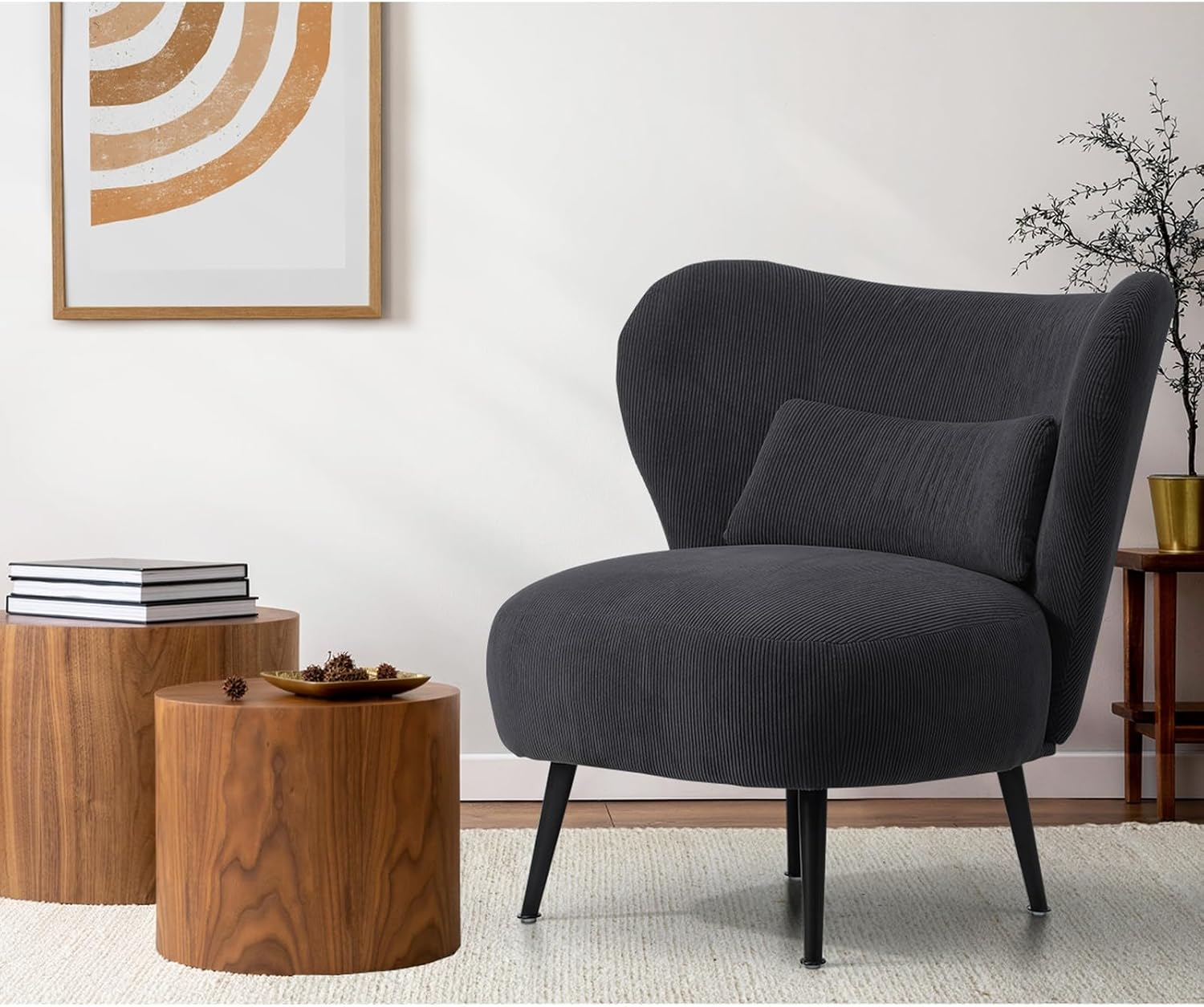 Oikiture Armchair with Lumbar Pillow and Wingback Velvet Lounge Sofa Accent Chair Charocal - A8-Charcoal image number 6