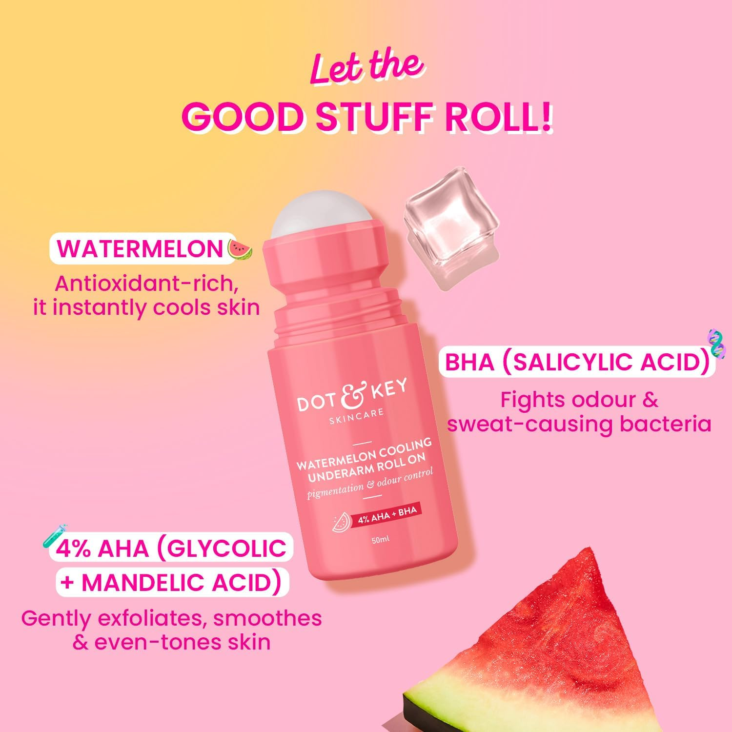 Dot & Key Watermelon Cooling Underarm Roll on | Odour & Sweat Controls | 4% AHA + BHA | Fresh Aqua Fragrance | Gently Exfoliates & Smooths Skin | for Men & Women | 50Ml image number 6