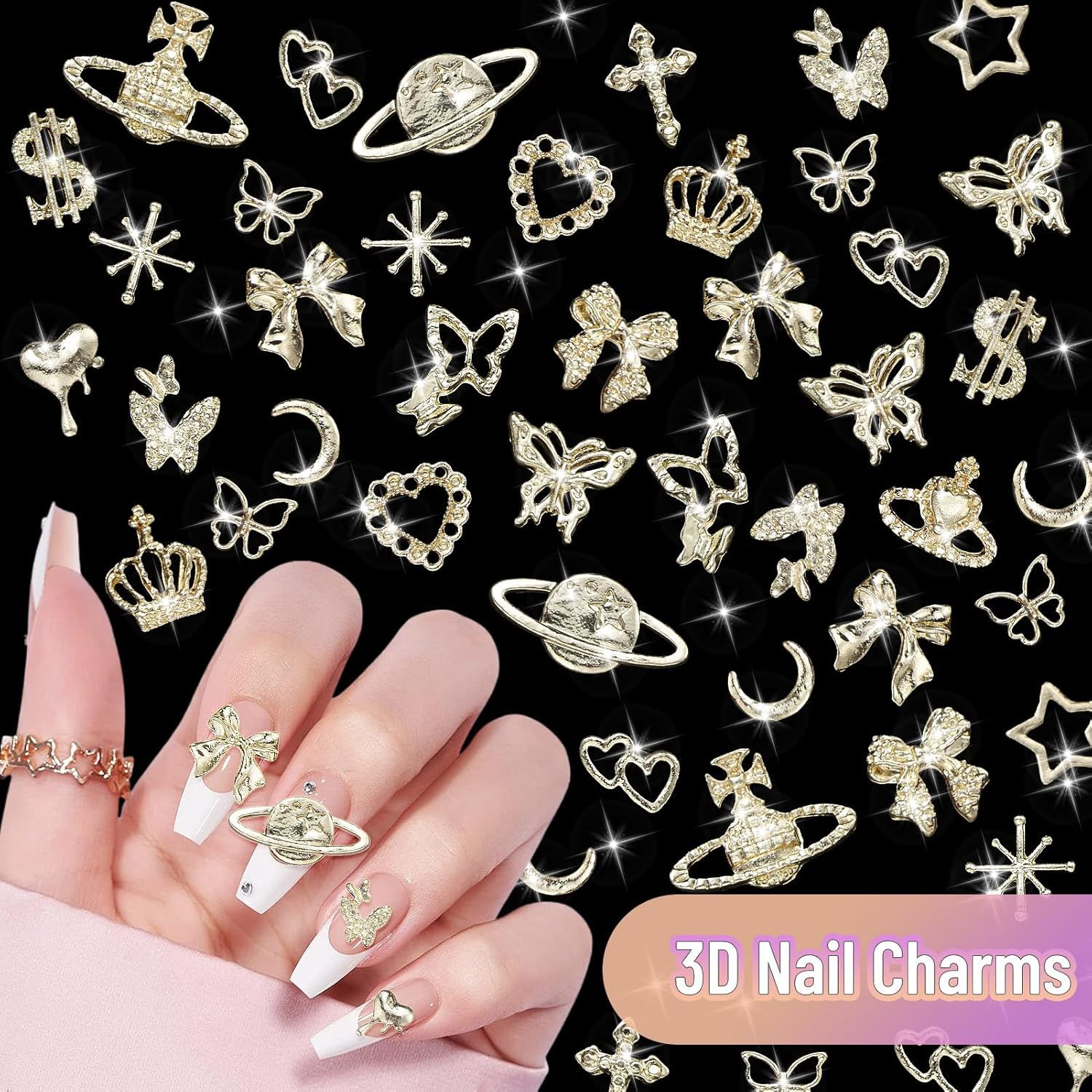 180 Pcs Gold Nail Charms and Gems, Crown Heart Bow Star Butterfly Planet Cross Alloy Nail Art Jewelry 18 Styles Metal Shiny Luxury Nail Art Decoration Y2K Fold Nail Charms for Nails Art Design image number 6