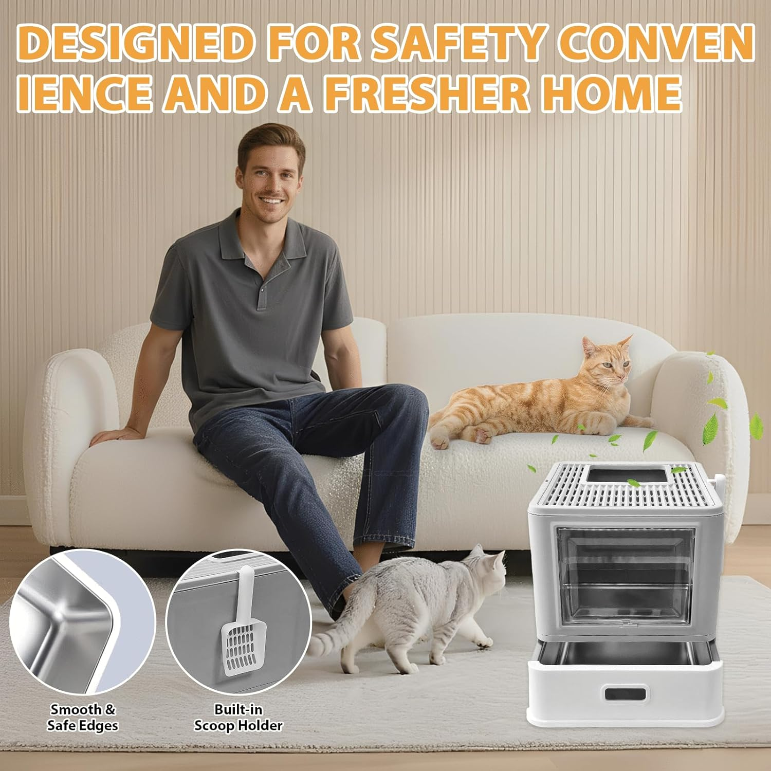 Homegroove Stainless Steel Cat Litter Box with Drawer, XL Foldable Enclosed Kitten Litter Box with Lid for Indoor Cats, Metal Covered Cat Litter Pan with Litter Scoop (Gray) image number 3