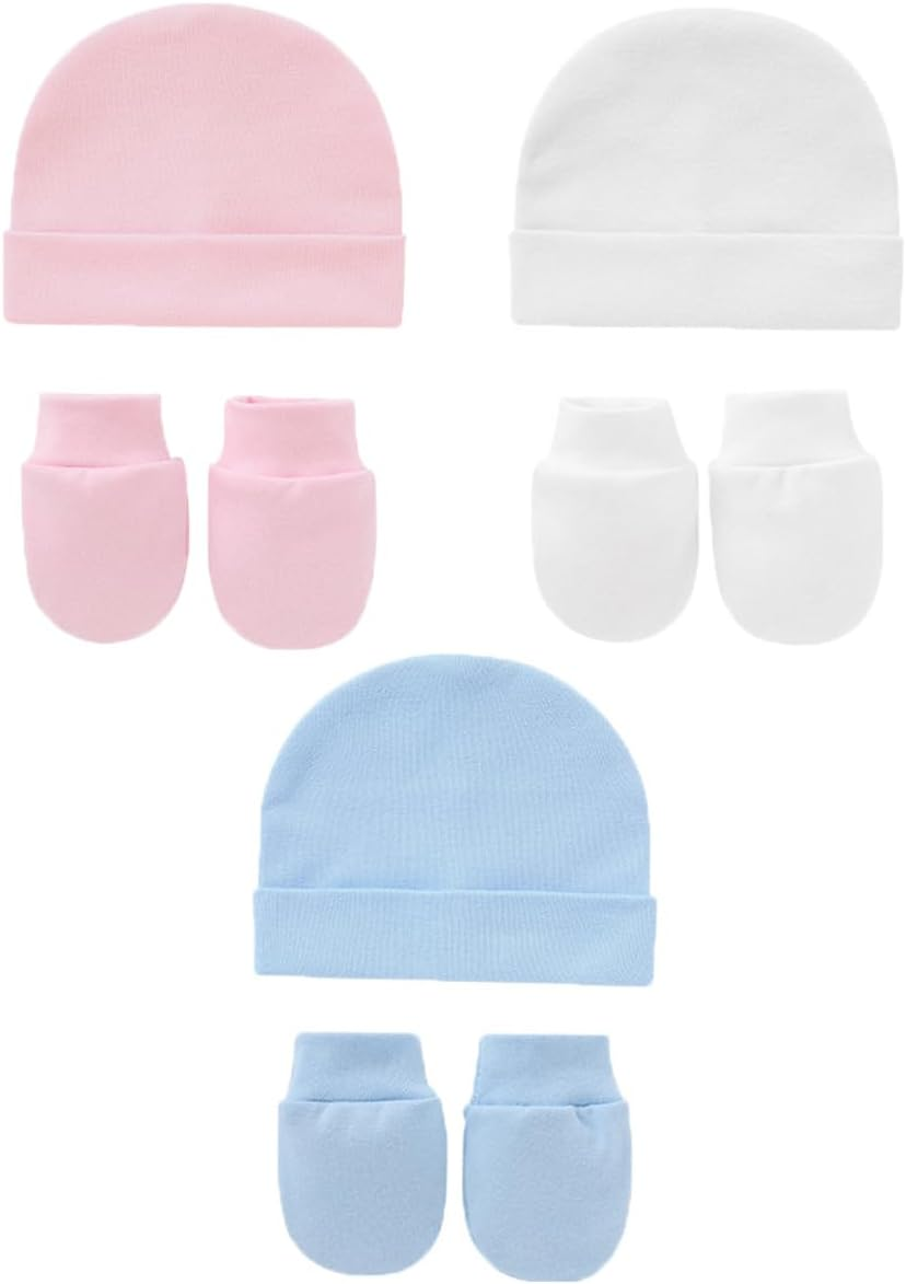 Cotton Newborn Hospital Hat Baby Hat and anti Scratch Mittens Set for 0-3 Months Newborn Baby Boys Girls Essentials Bonnet Infant Beanie Caps and Gloves 6Pcs