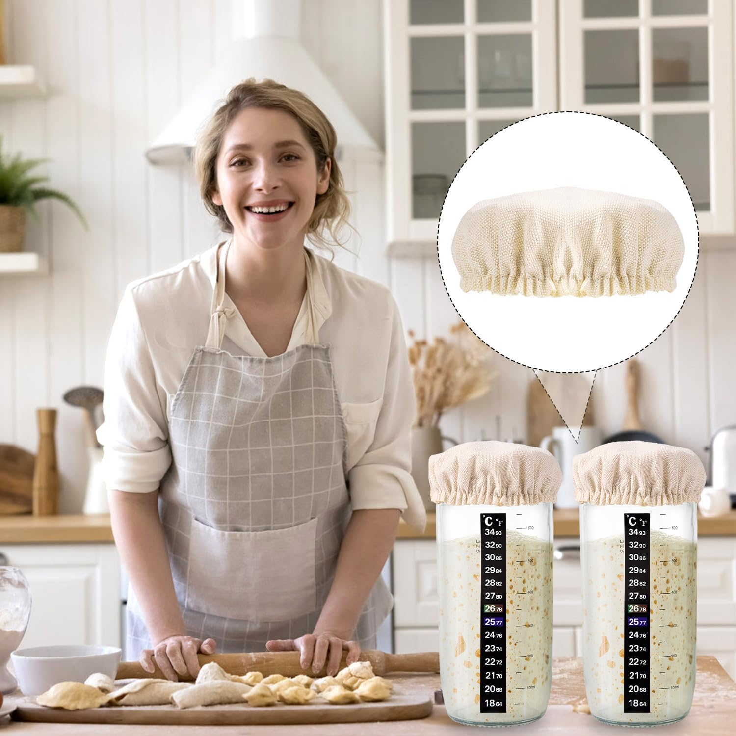 3 Sets Replacement Sourdough Starter Set for Jars, Including Fabrics Sourdough Jar Lid and Thermometer Strips Bread Rice Lid for 7.5-10.2Cm Potmond Baking Supplies for Bread Fermentation image number 1