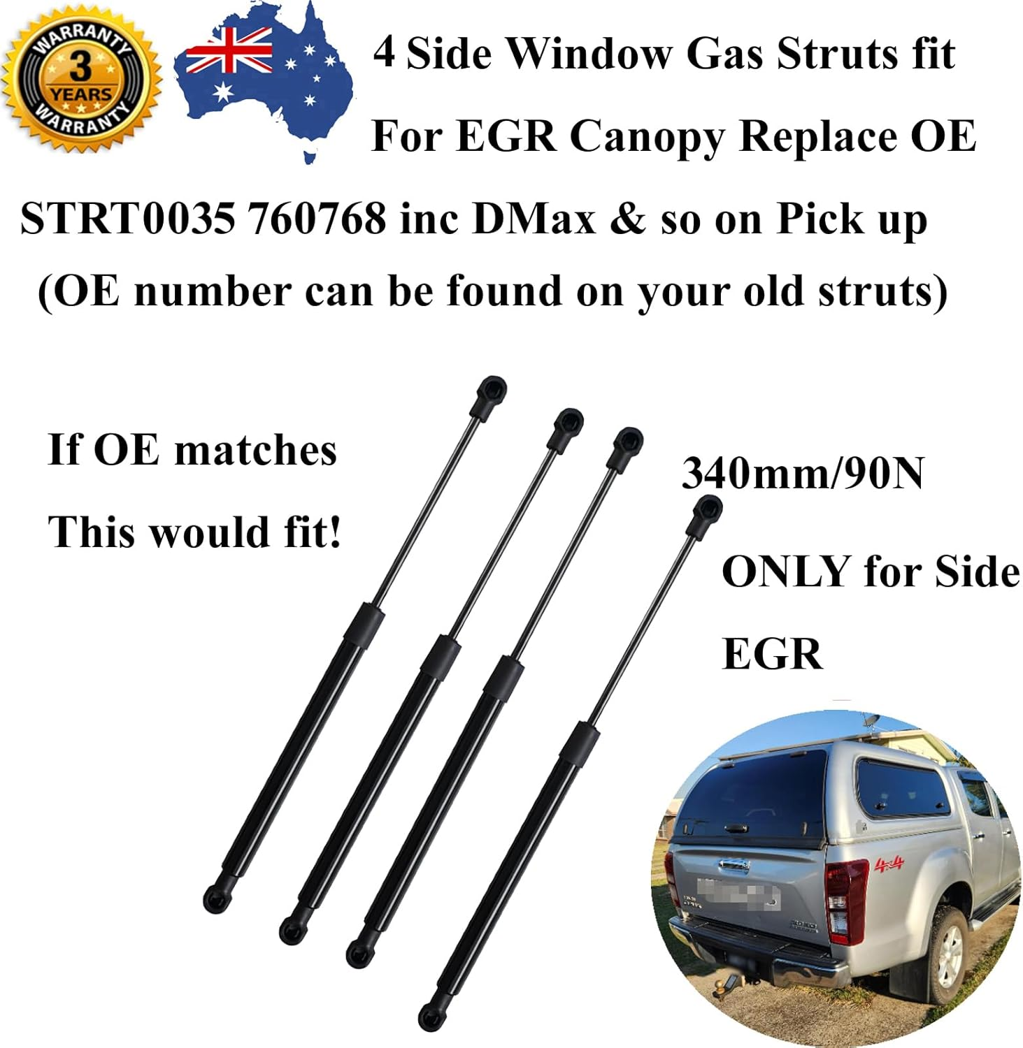 AONNOUS 4 Gas Struts for EGR Canopy Side Window;Replace OE STRT0035 760768;340Mm 90Newtons;Support UTE Pick up Inc D-Max