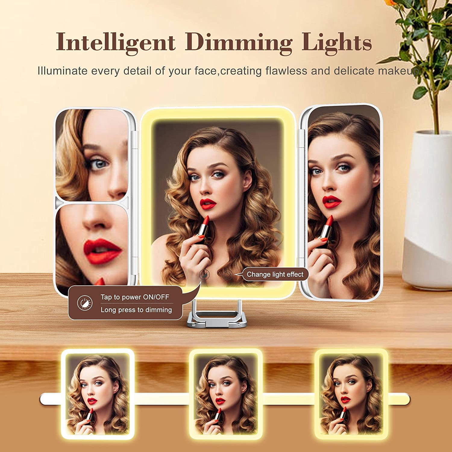 Sejoy Travel Lighted Makeup Mirror, 1X/3X/7X Magnifying Mirror with Lights, 3-Color Light Trifold Vanity Mirror, Adjustable Brightness, Rechargeable, for Tabletop, Bathroom, White image number 5