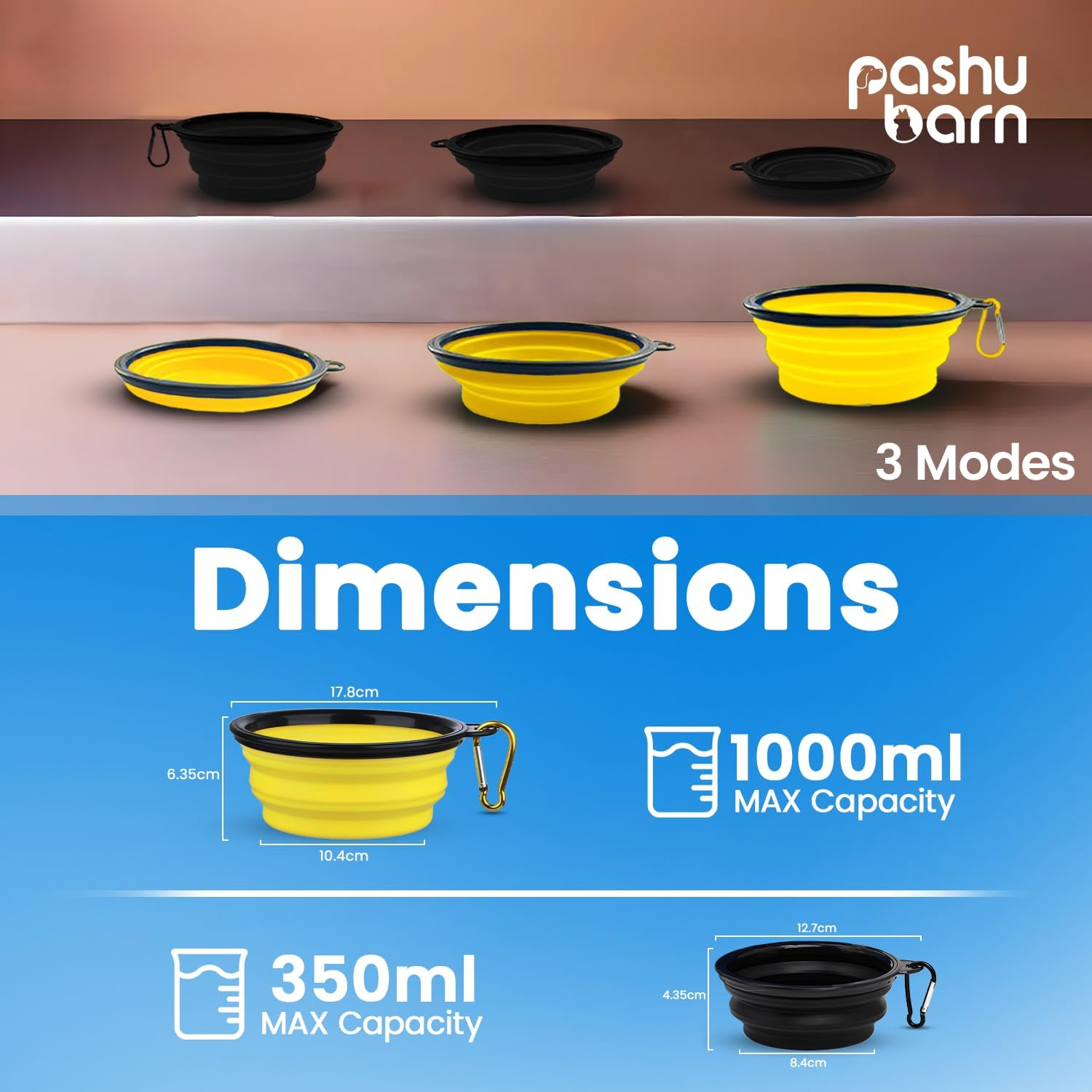 Set of 2 Collapsible Dog Bowls for Food & Water - Extra Large 1000Ml and Small 350Ml- Portable, Foldable Travel Dishes with Leash Attachment-Ideal for Puppies - Yellow (XL) & Black (Small) image number 3