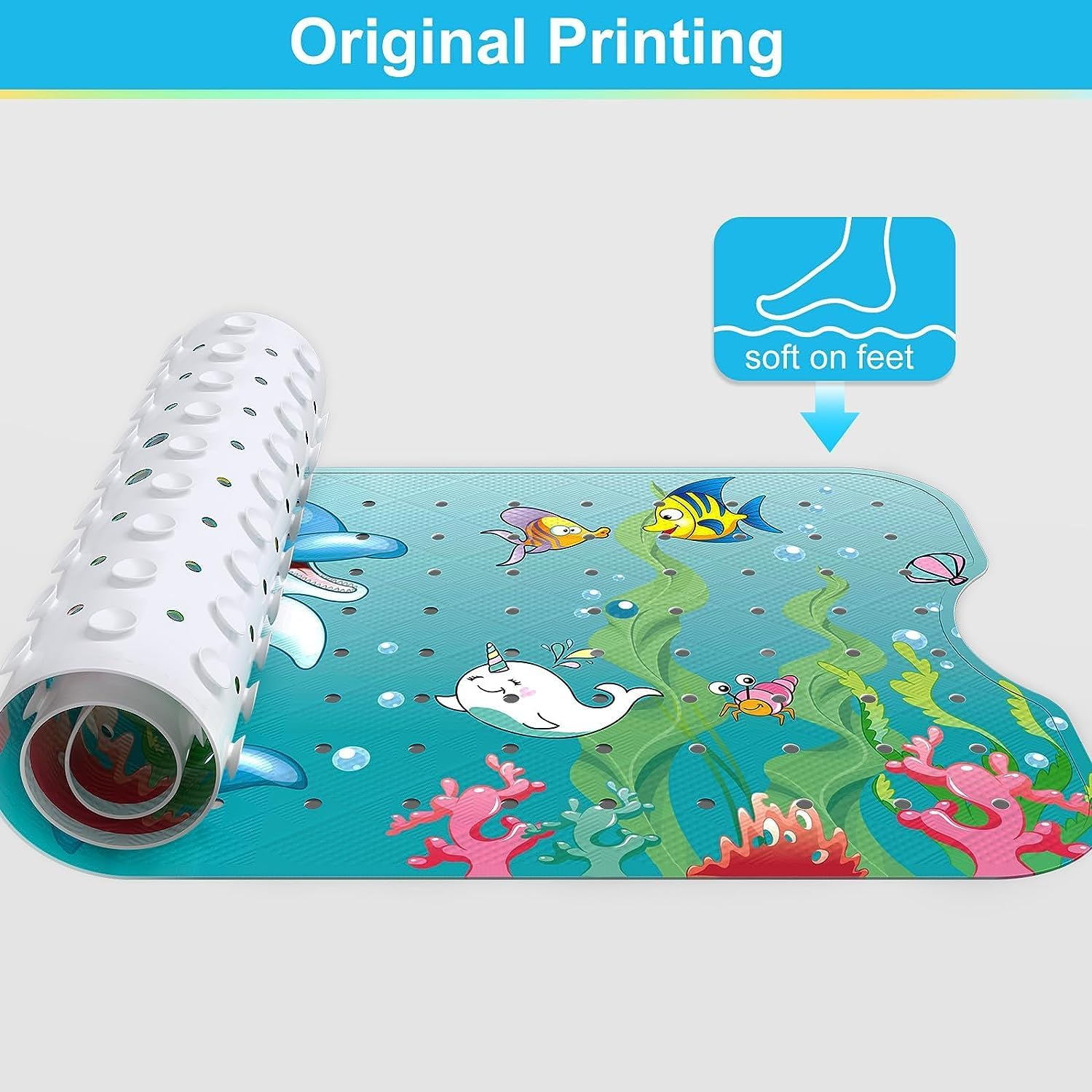 Bath Mat for Tub for Kids Cartoon Non Slip Baby Bathtub Mat Extra Long anti Slip Bathroom Toddler Shower Floor Mat with Suction Cups Drain Holes (Dolphin 40 * 16In) image number 2