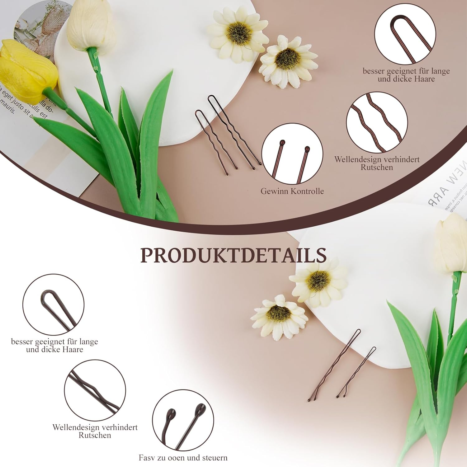 Pack of 500 Bobby Pins Brown Set - U-Shaped Hair Clips (2 Inches, 2.36 Inches), Wave Shape Invisible Hair Pins (2 Inch 2.75 Inches), Transparent Hair Bobbles with Storage Box, for Weddings, Bridal image number 6