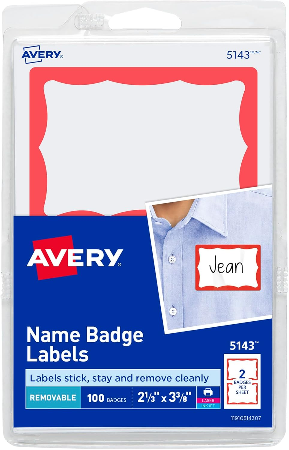 Avery Hello My Name Is Name Tags, White with Red Border, 100 Removable Name Badges (05140) - 2-1/3" X 3-3/8", White
