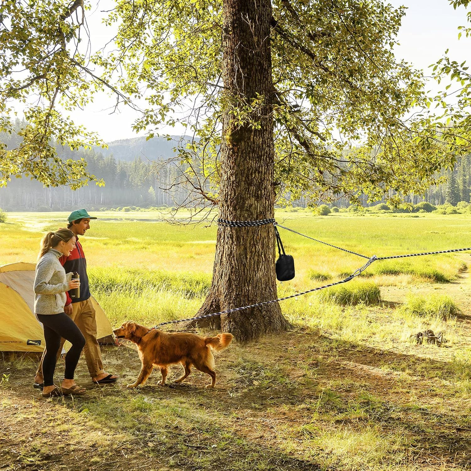 Dog Tie Out Cable for Camping, 50Ft/15M Portable Overhead Trolley System with 10Ft/3M Runner Lead for Dogs up to 200Lbs，Portable Reflective Dog Lead Line for Yard, Park and Outdoor (Black) image number 3