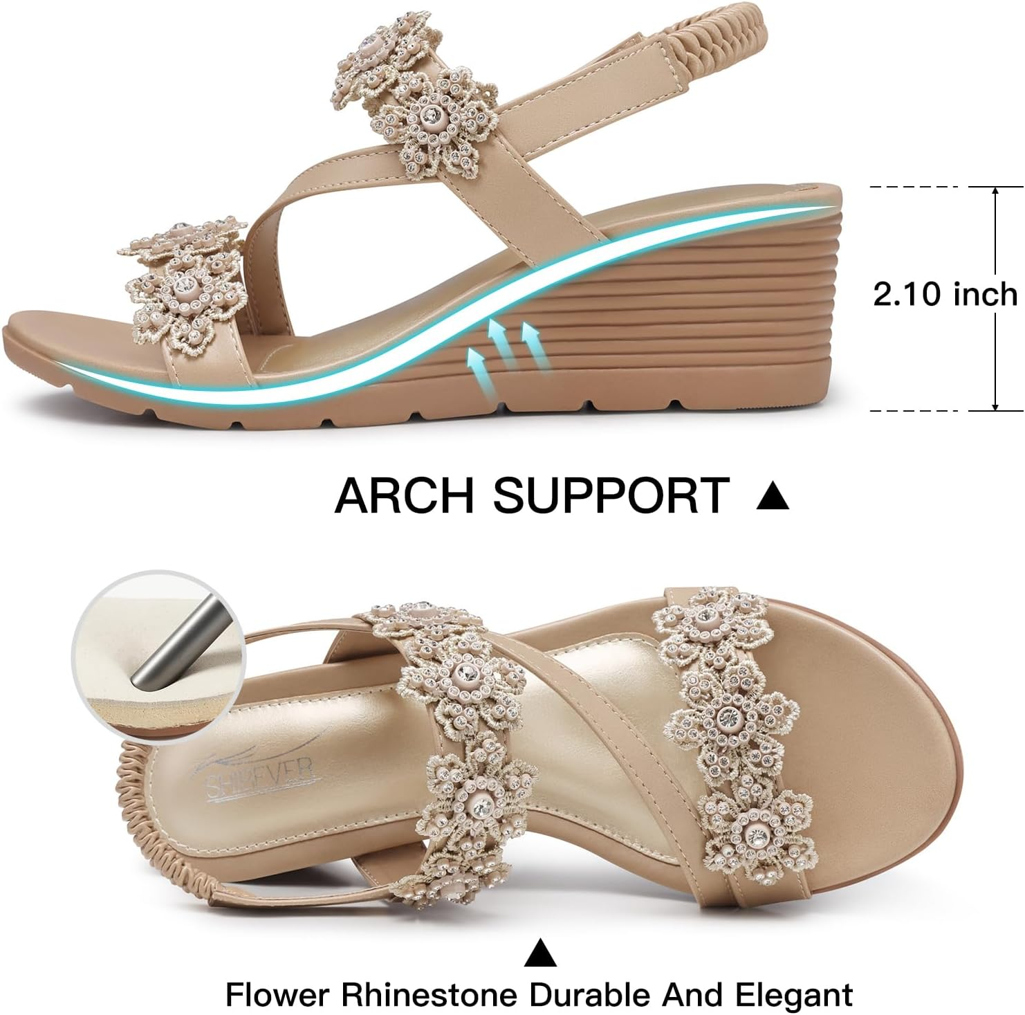 SHIBEVER Womens Sandals Wedge Summer: Elastic Ankle Strap Open Toe Wedge Sandal - Dressy Sandals Women - Comfortable Flower Bohemia image number 2