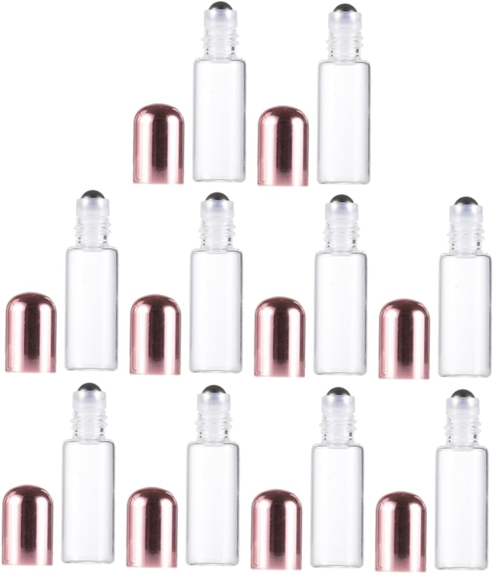 FOMIYES 5Ml Rose Gold Cap Glass Roller Bottles Set of 10 Refillable Essential Oil Roll on Bottles Stainless Steel Balls for Travel Aromatherapy