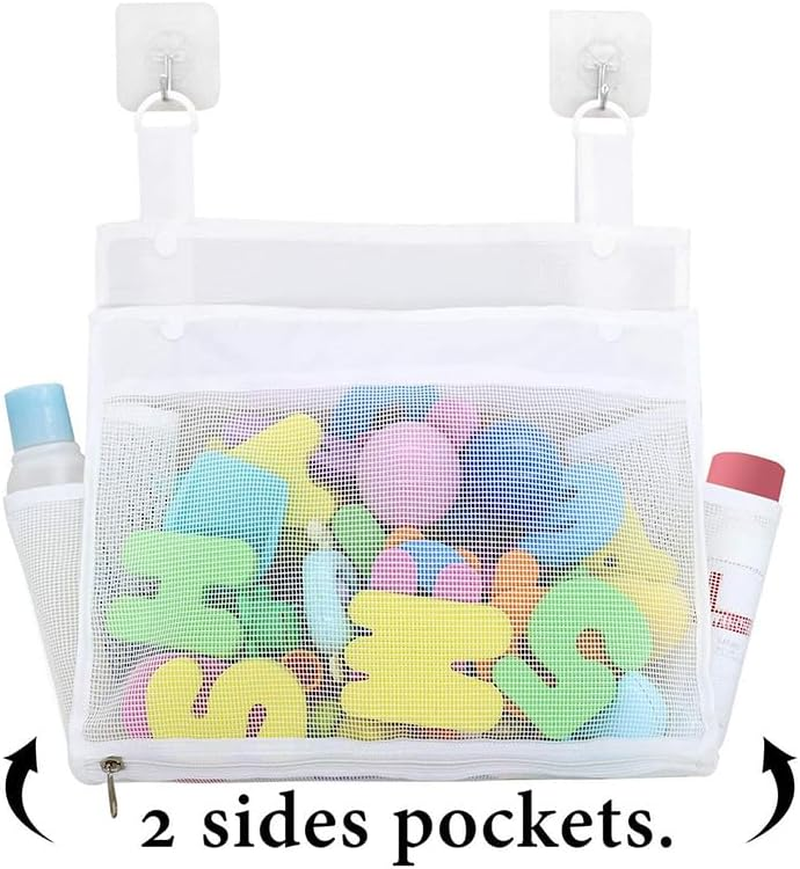 Waterproof Mesh Bath Toy Organizer & Storage Bag with Suction Cups - Durable Hanging Bath Toy Holder for Kids, Quick-Dry Bathroom Toys Organiser (White) image number 2
