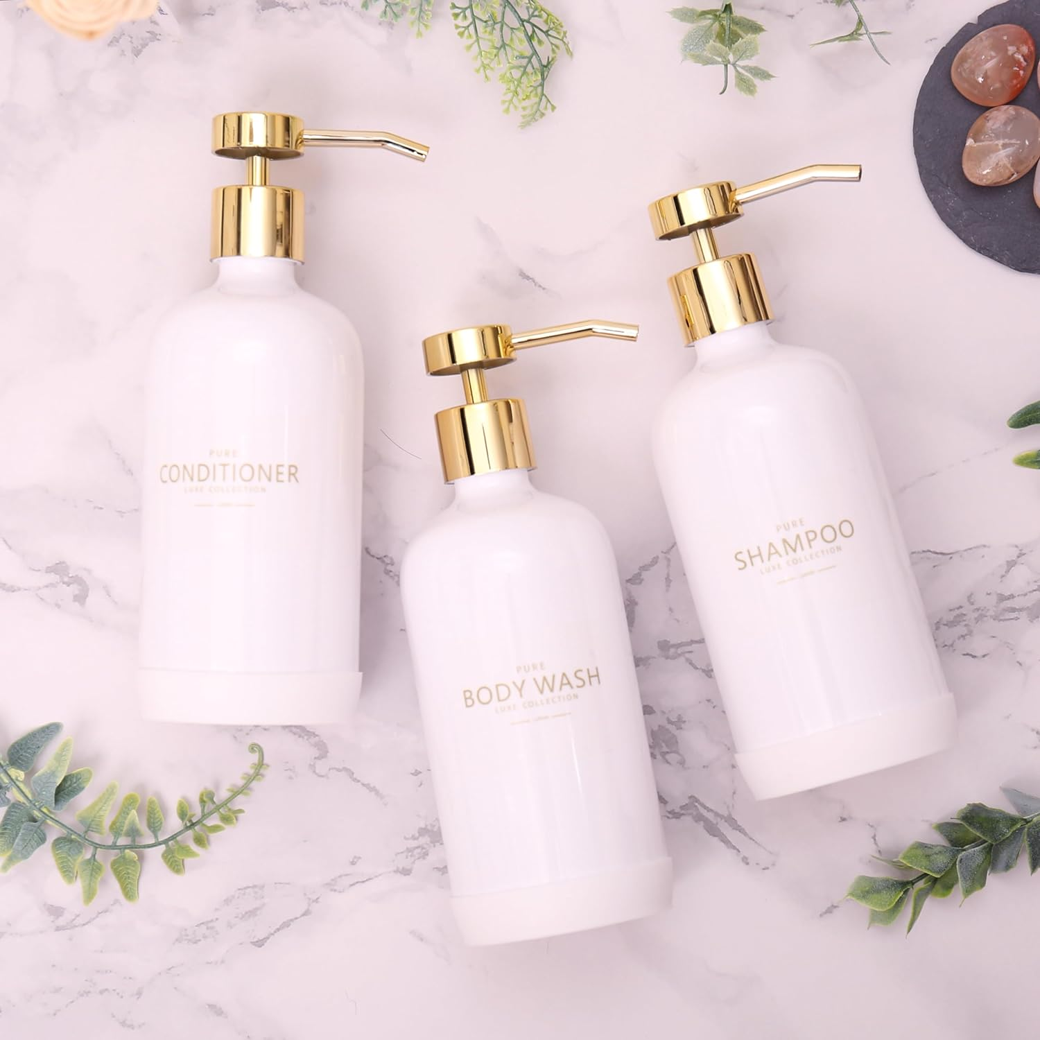 Janxin Shampoo and Conditioner Dispenser Set of 3,Refillable 21Oz Shampoo Bottles with Non-Slip Protective Silicone Pad,Shower Soap Dispenser with Waterproof Labels for Bathroom (White) image number 4