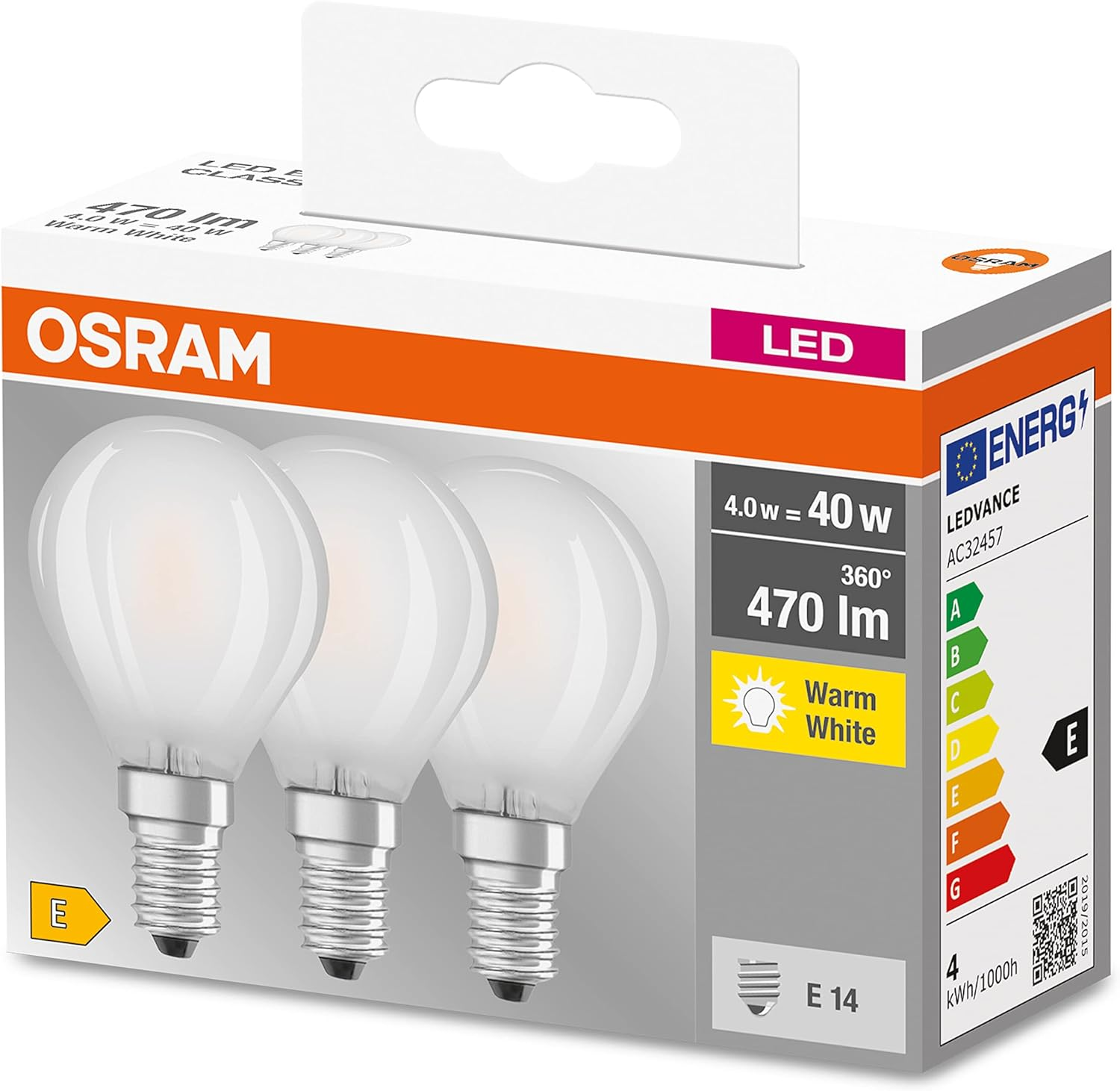 Osram LED Base Classic P Lamp, Teardrop Shape with E14 Socket, Non-Dimmable, Replaces 40 Watt, Matt, Warm White - 2700 Kelvin, Pack of 3 (Pack of 1) image number 2