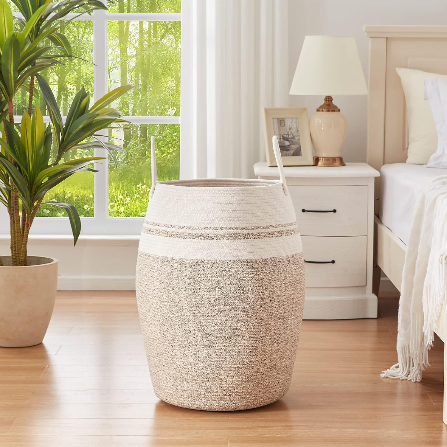 OIAHOMY Laundry Hamper Woven Cotton Rope Large Clothes Hamper 25.6" Height Tall Laundry Basket with Extended Cotton Handles for Storage Clothes Toys in Bedroom, Bathroom, Foldable (Yellow Variegated) image number 6