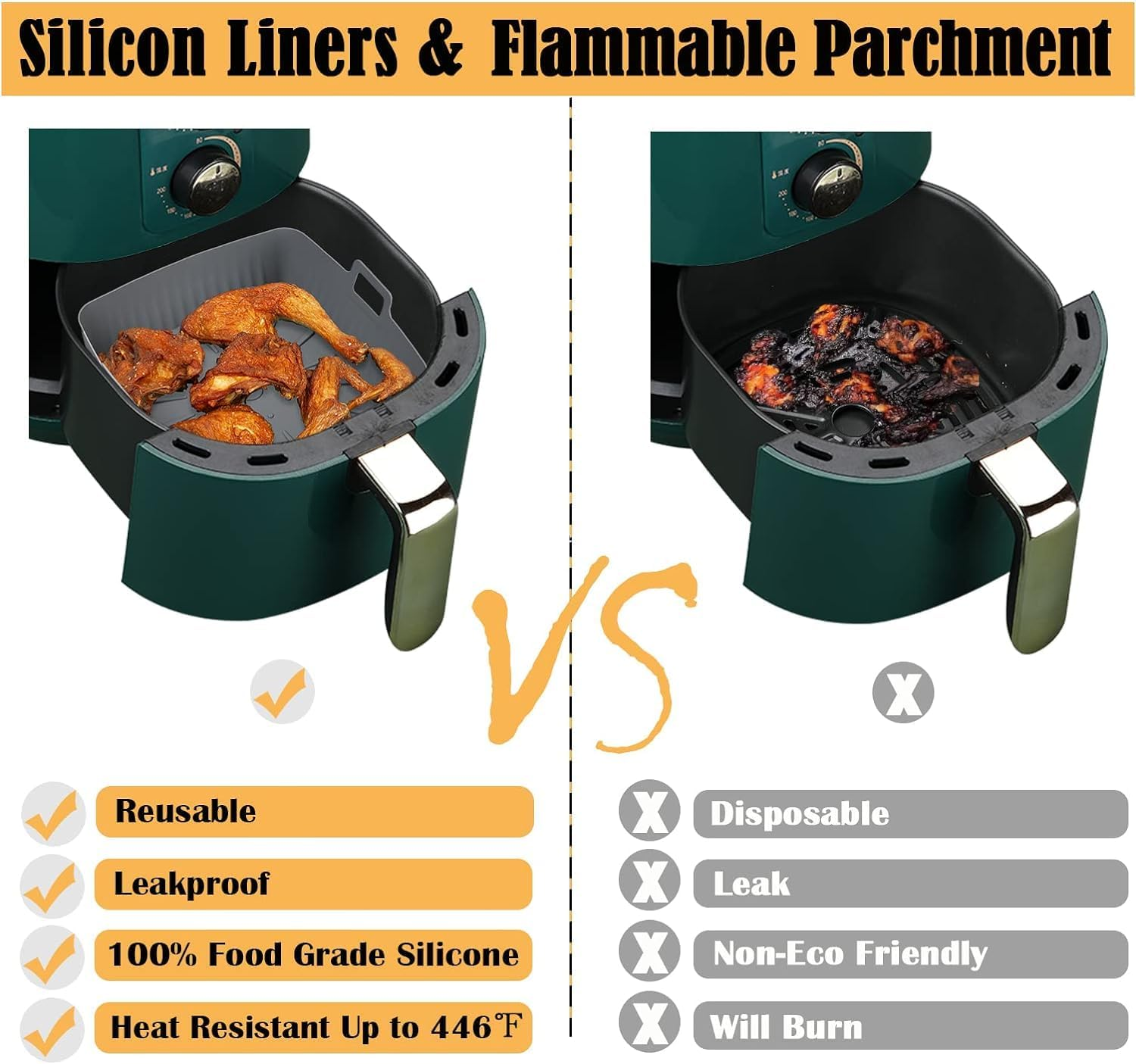 2 PCS Square Silicone Air Fryer Liners - 9 Inch Reusable Air Fryer Pot - Air Fryer Accessories - Air Fryer Inserts for 6 to 9 QT Oven Microwave Accessories