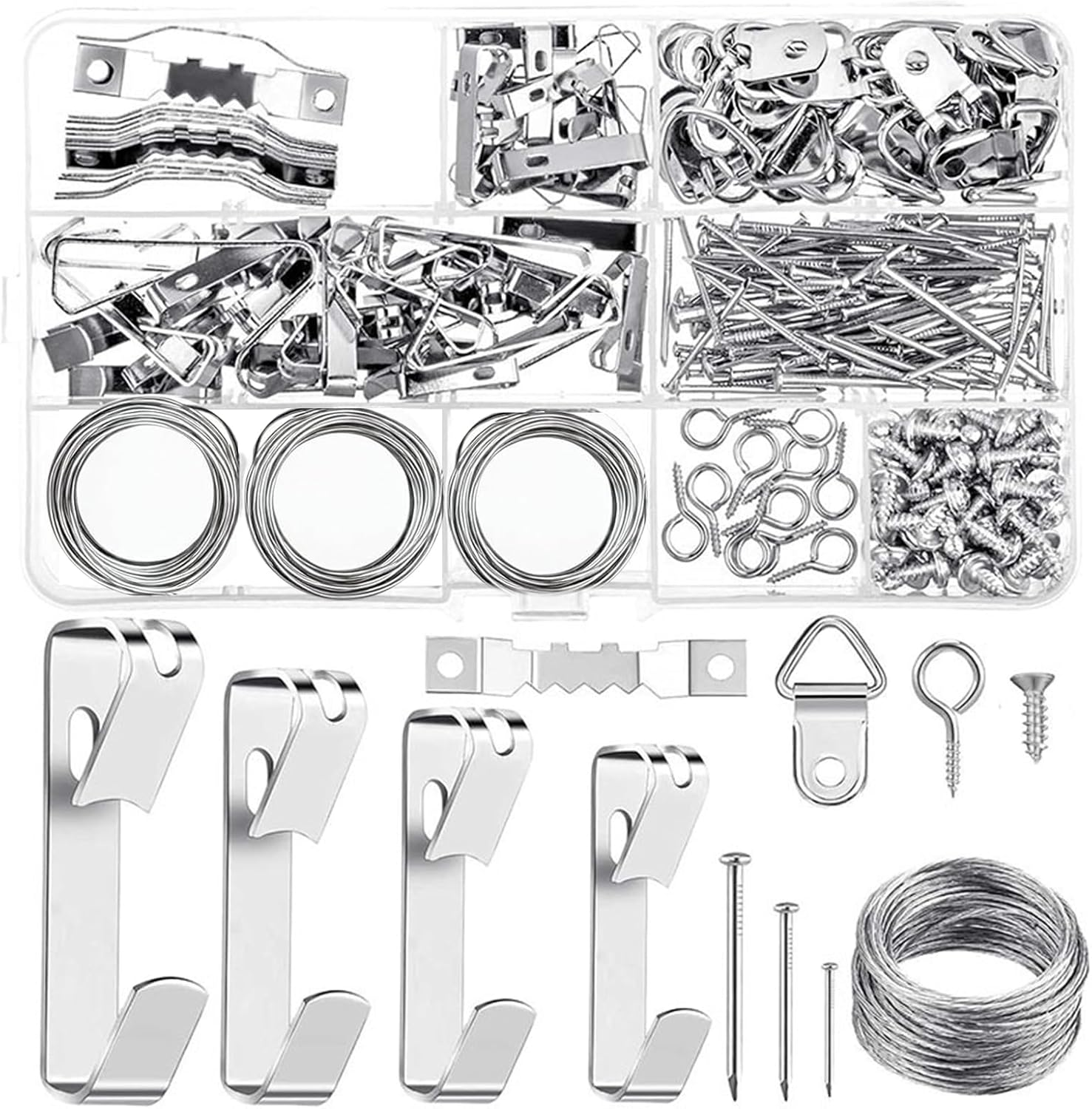 Nlvnmv 246 Pcs Picture Hanging Kit with Hooks, Wire, Nails, Eye Screws, Sawtooth Hangers, Hardware Tool for Frame and Canvas Mounting (Gold)