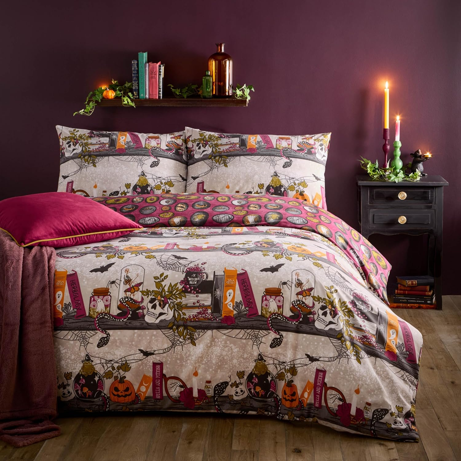 Furn Bootanical Duvet Cover Set - Autumn Floral Halloween Ghost Reversible Bedding (Multi-Colour - Double) image number 4