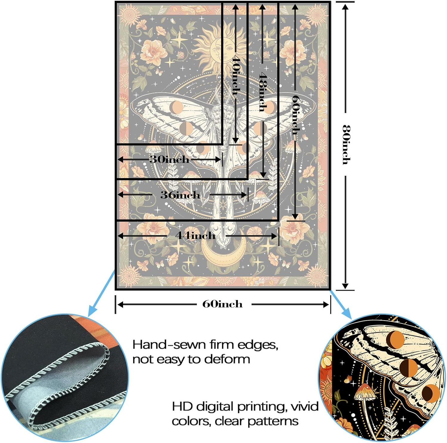 Aipon Orange Moth Tapestry Boho Retro Floral Flowers Tapestries Aesthetic Vintage Mushroom Tapestry Bedroom Indie Vertical Tapestry Wall Hanging for Living Room Dorm (44.00'' &times; 60.00'', Orange) image number 3