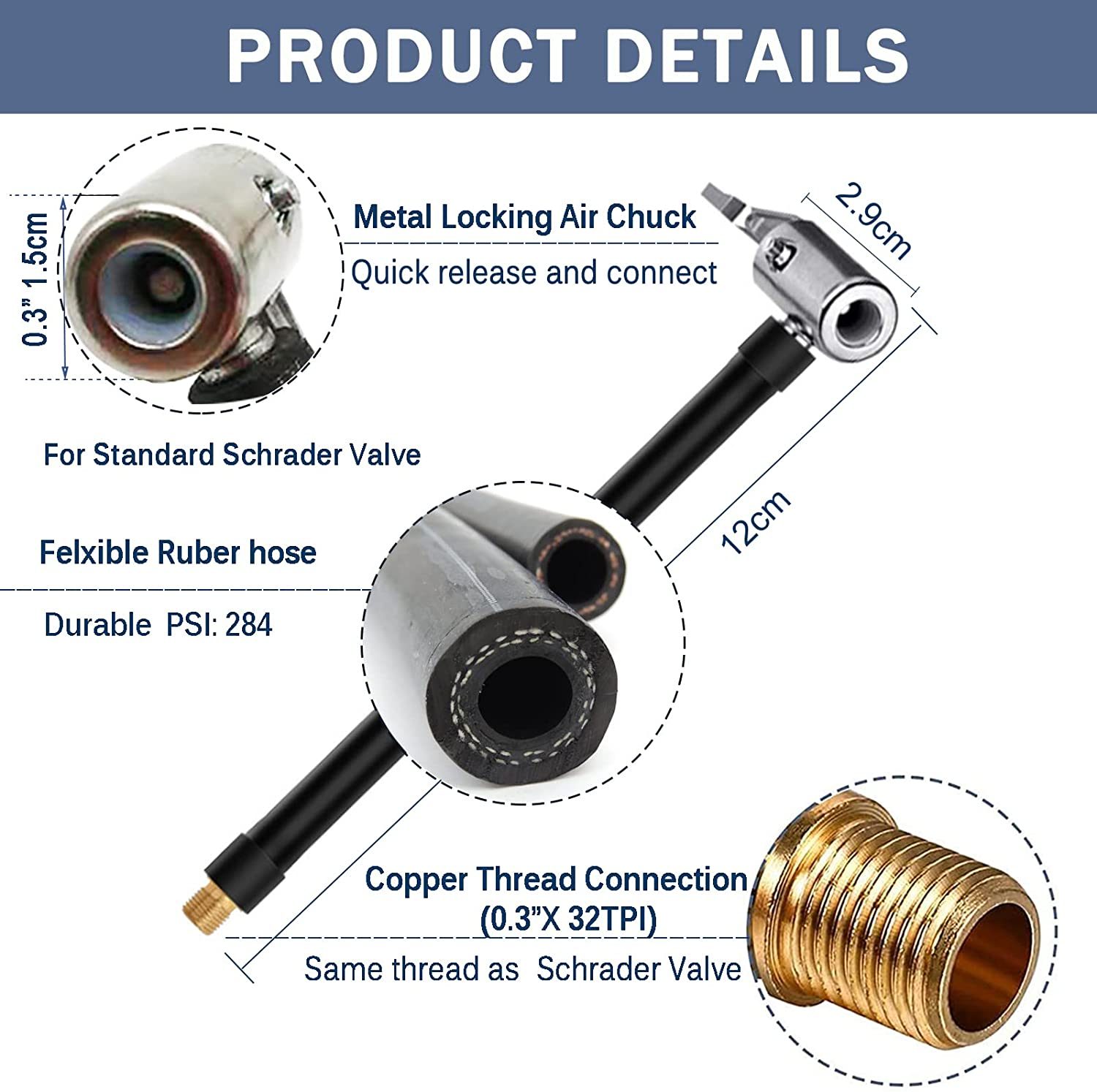 2Pcs Inflator Hose Adapter - Convert Twist on to Lock on Connection, Locking Chuck with Hose and Standard Tire Valve Fine Thread image number 2