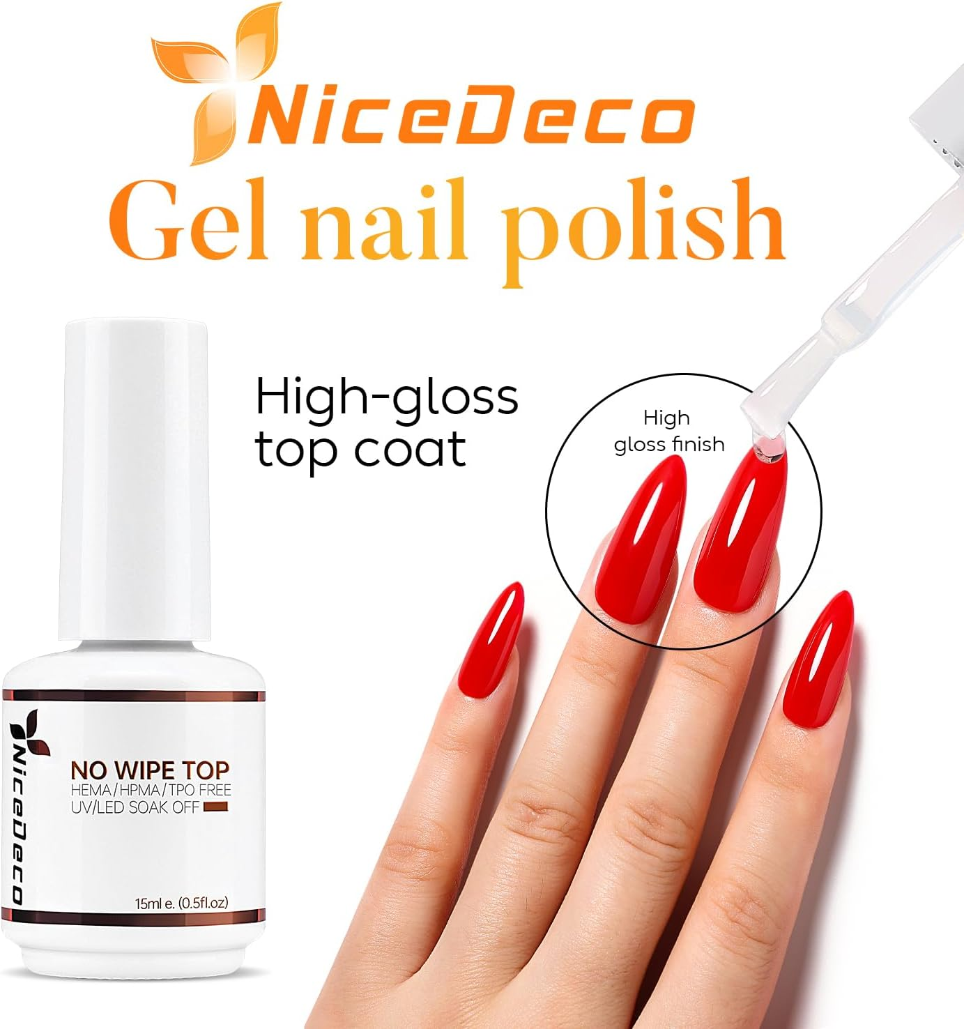 Nicedeco 2Pcs 15Ml No Wipe Top Coat Glossy & Matte Set &ndash;Hema-Free,Cruetly-Free,Vegan， Shine and Velvet Finish for Gel Polish, LED UV Curable, Soak Off, Nail Art DIY image number 4