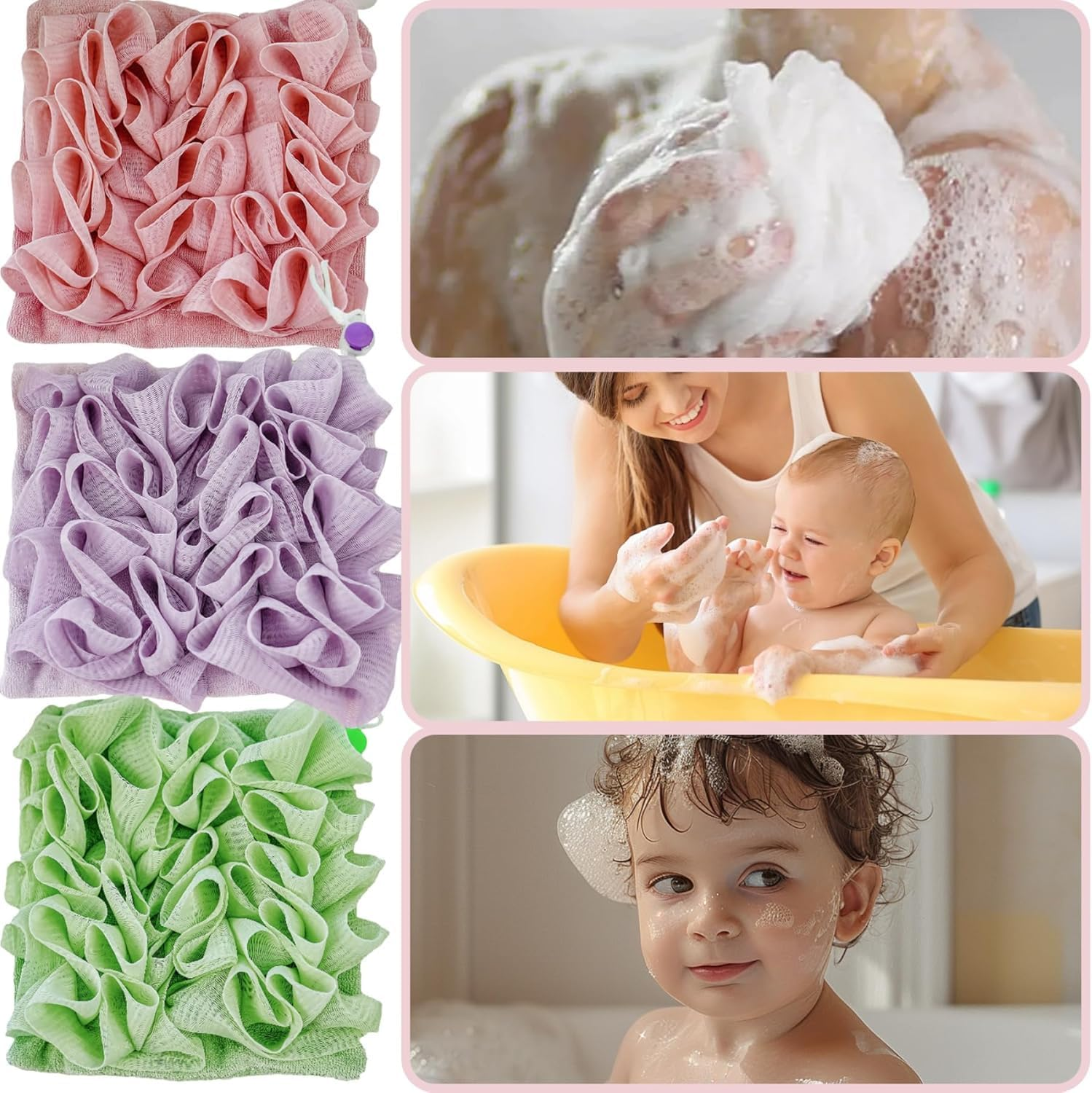 Soft Loofah and Washcloth, 3Pcs 2-In-1 Bath Loofah Sponge Loofah Washcloth,Washcloth Loofah Soap Combo,2-In-1 Shower Washcloth Loofah,Loofah and Washcloth 2-In-1 Bath Loofah Sponge Loofah Washcloth image number 4