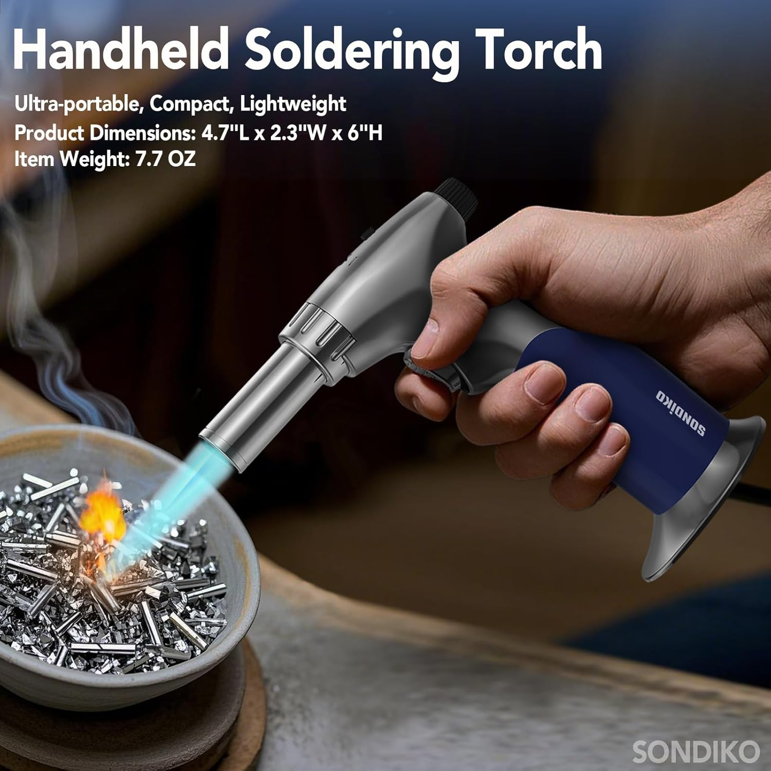 Sondiko Triple Flame Adjustable Mini Butane Torch Lighter - Refillable with Continuous Flame Lock for Creme Brulee, Cooking (Butane Not Included)