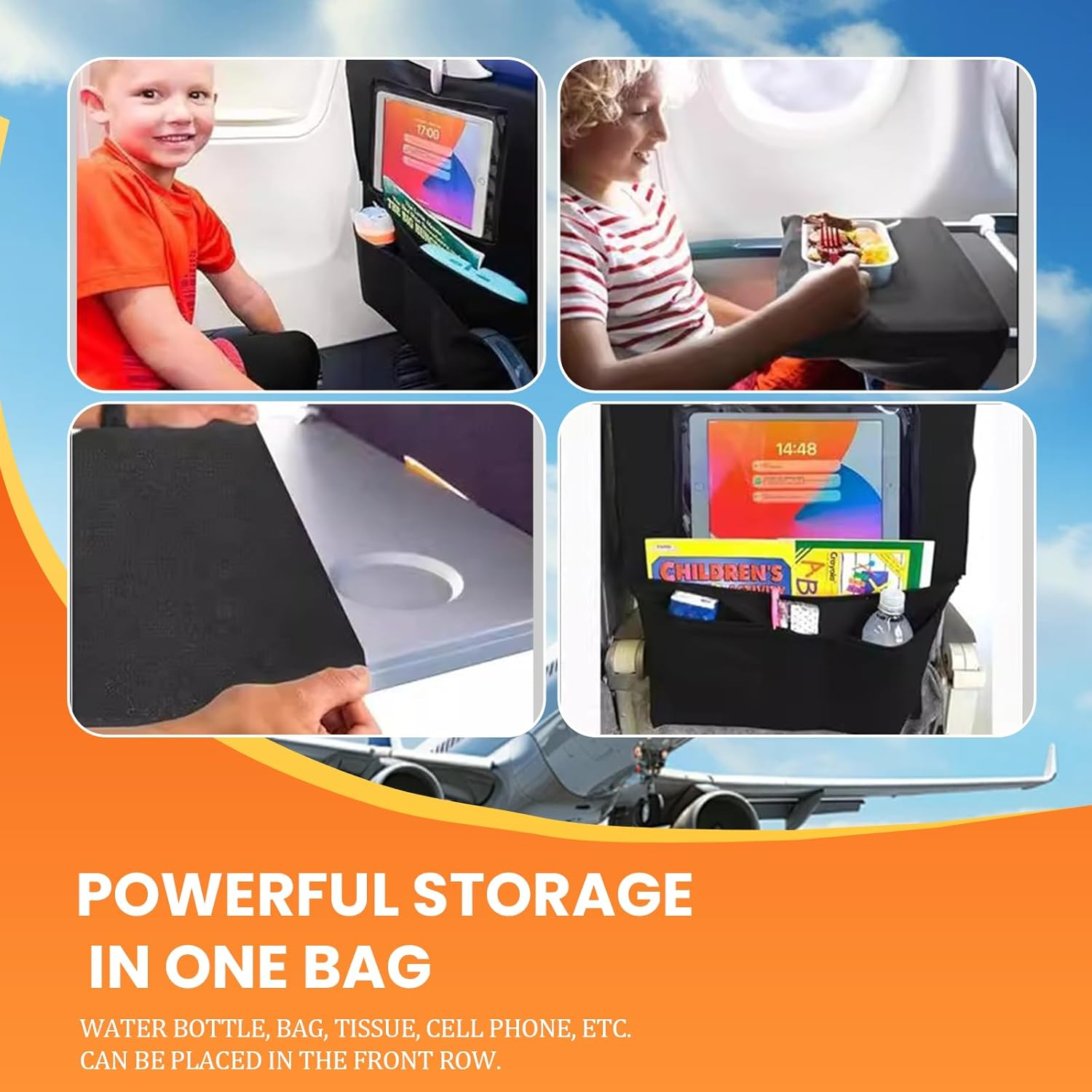 Airplane Seat Back Organizer with Multiple Pockets Durable Polyester Tray Table Cover Storage Bag for Travel Accessories Machine Washable Flight Essentials Organizer (Black,1-Pack) image number 3