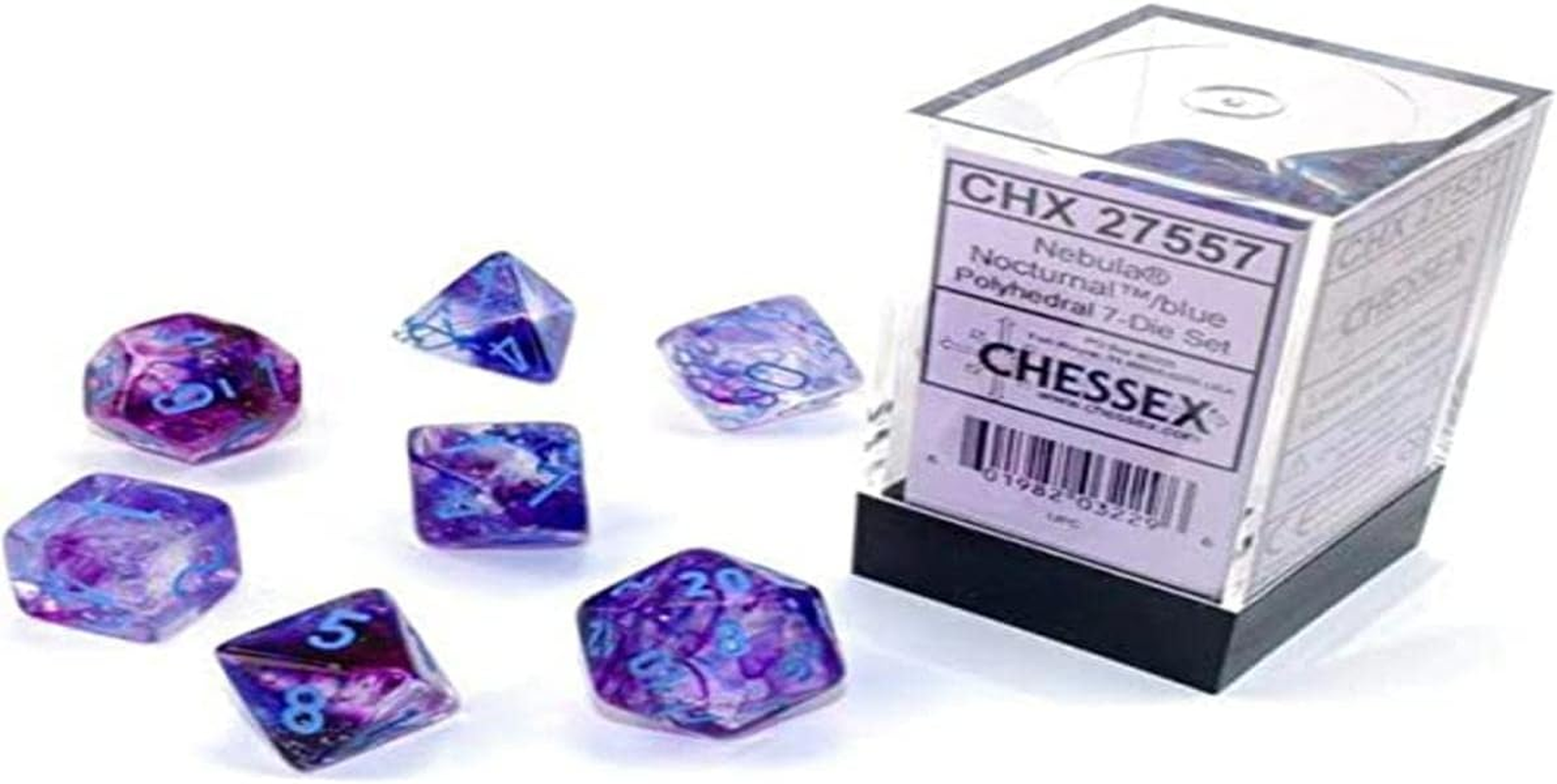 Chessex Nebula Polyhedral Dice Set Nocturnal with Blue Luminary (7 Dice), Mixed, CHX27557