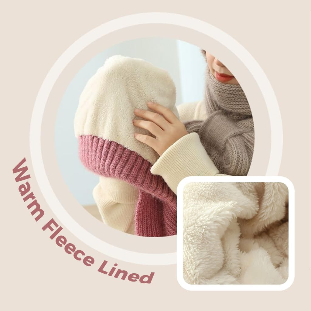 Women Winter Beanie Hats Scarf One-Piece Fleece Lined Warm Knit Ear Protection Integrated Hooded Scarf Cap - Blue image number 2