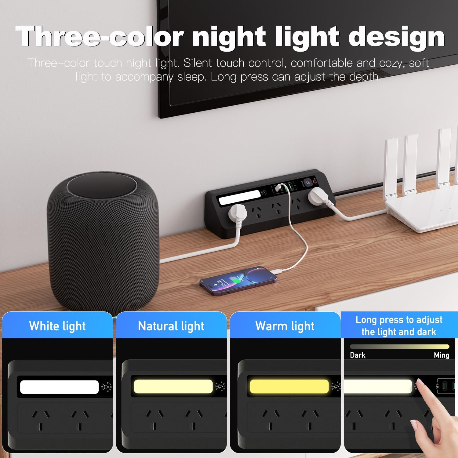 Desk Extension Lead with USB Slots, BOCHLION 2 USB C and 2 USB a Ports Power Socket with Night Light, 5 Way Plug Extension Socket Surge Protector, Desktop Power Strip 1.8M for Home Office (Black) image number 1