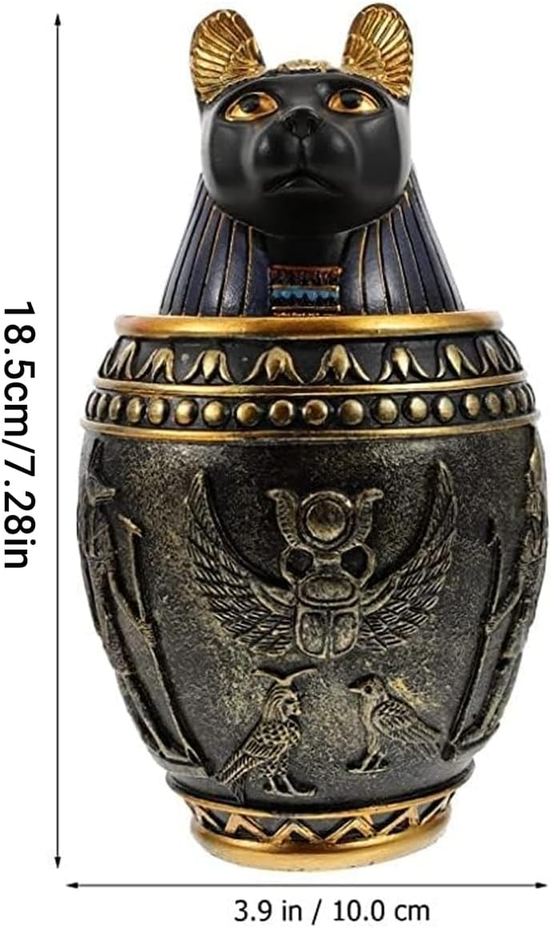 AIMALL Egyptian Cat Decorative Urn, Resin Anubis Jar with Lid, Vintage Style Pet Memorial, Internal Storage, 7.28In image number 5