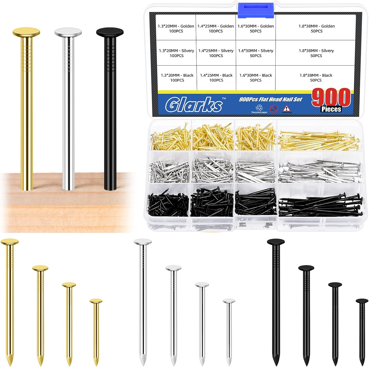 Glarks 500Pcs 20/25/30/38Mm Length Nail Assortment Kit, Black Hanging Nails, Finishing Nails, Wall Nails, Wood Nails, Common Nails, Hardware Nails for Picture Wall Hanging