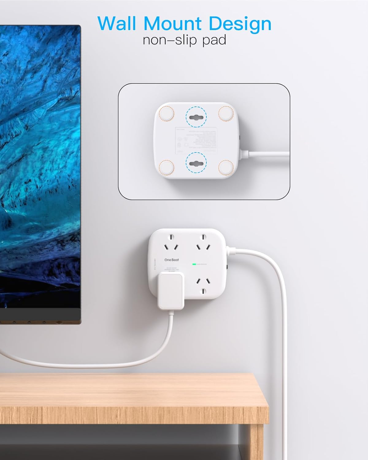 One Beat Surge Protected Power Board with 4 AC Outlets & 4 USB Ports (2&times;USB-C), 1.5M Extension Cord, AU Standard Travel Power Strip for Office, Dorm, Home Essentials image number 1